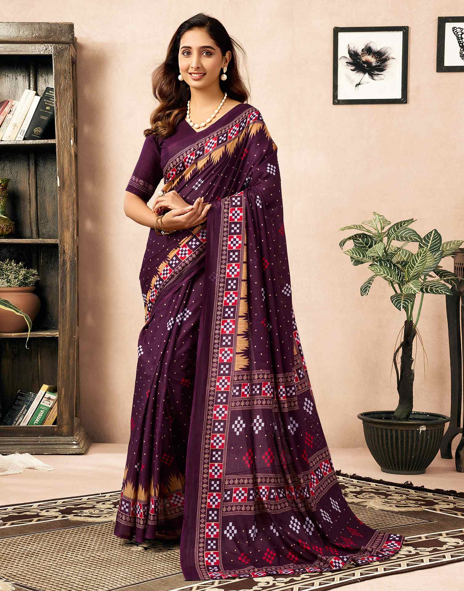 Shweta Tiwari Plum Wine Ready To Wear Cotton Saree - Image 8