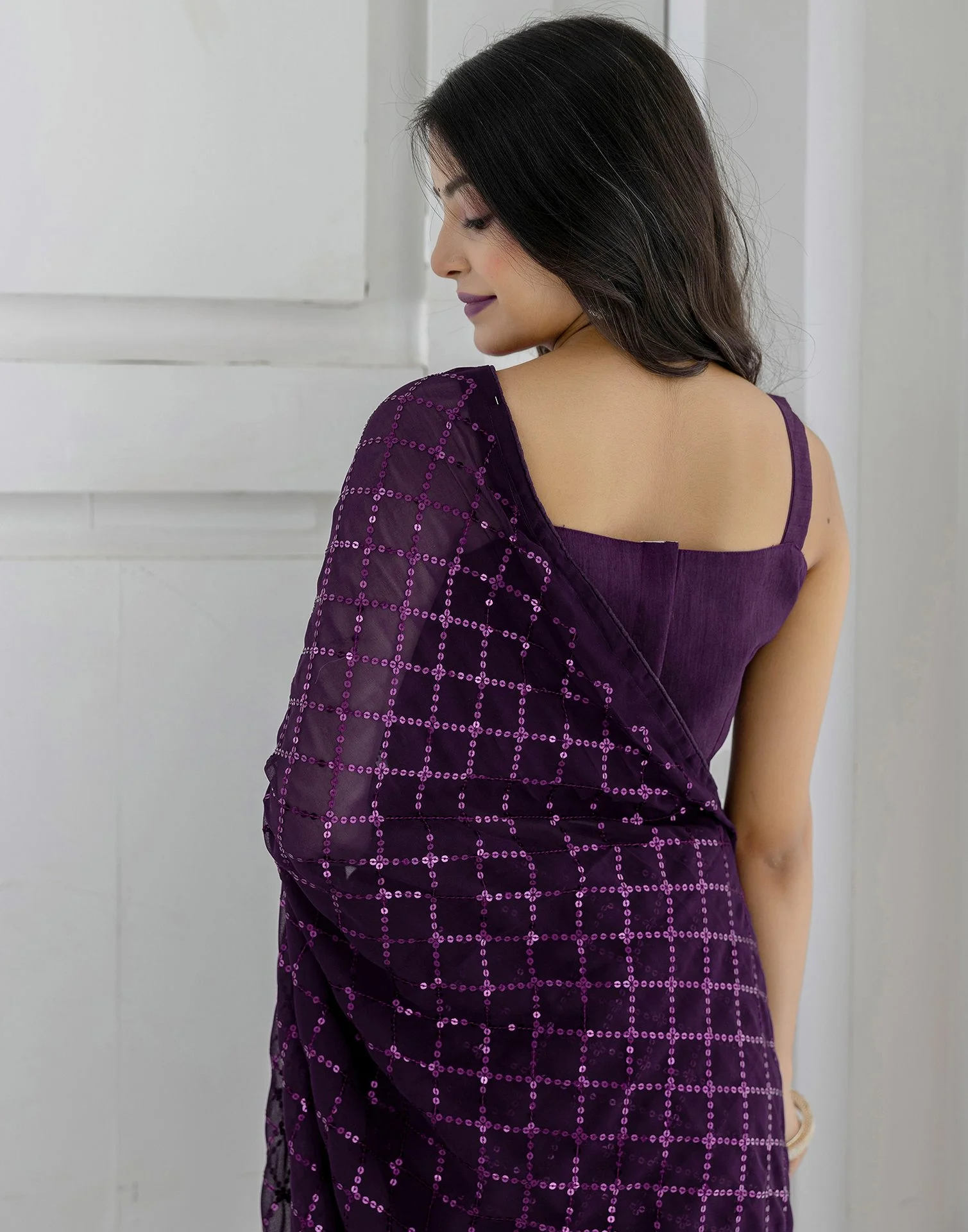Ready To Wear Wine Georgette Sequence Work Saree - Image 13