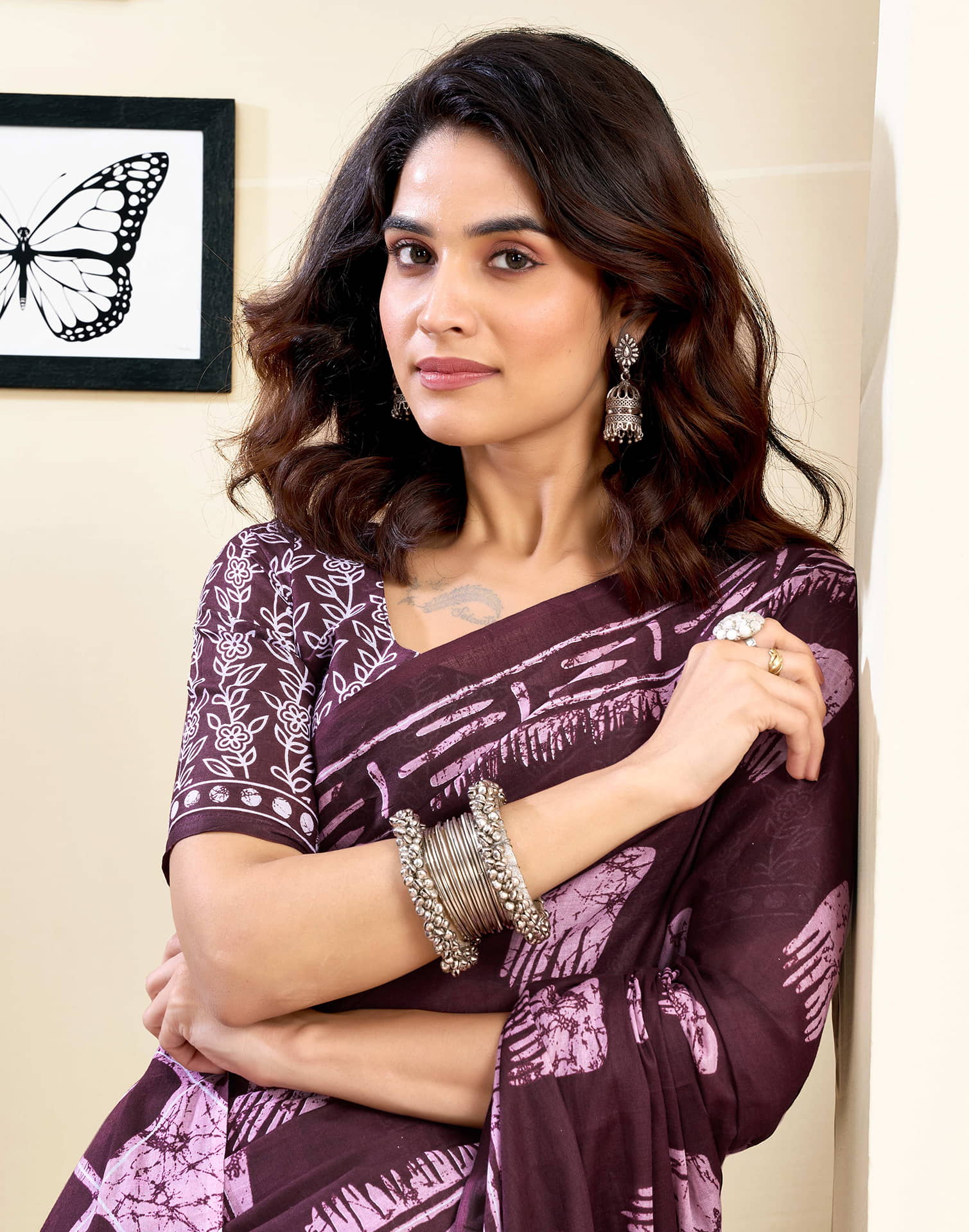Ready To Wear Wine Pure Cotton Printed Saree With Pocket - Image 5