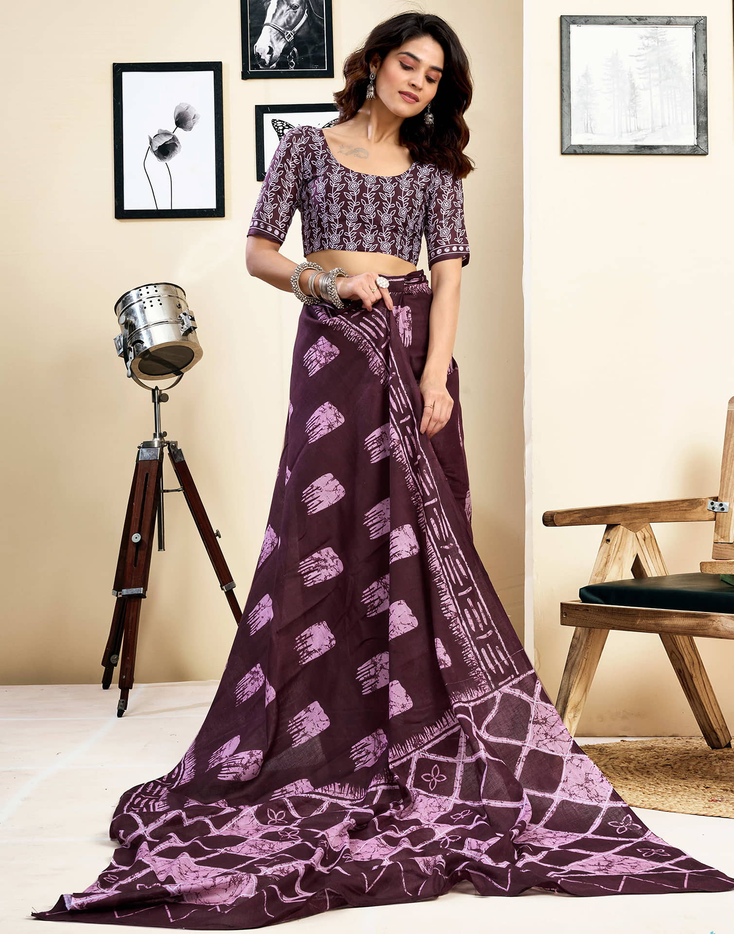 Ready To Wear Wine Pure Cotton Printed Saree With Pocket - Image 6