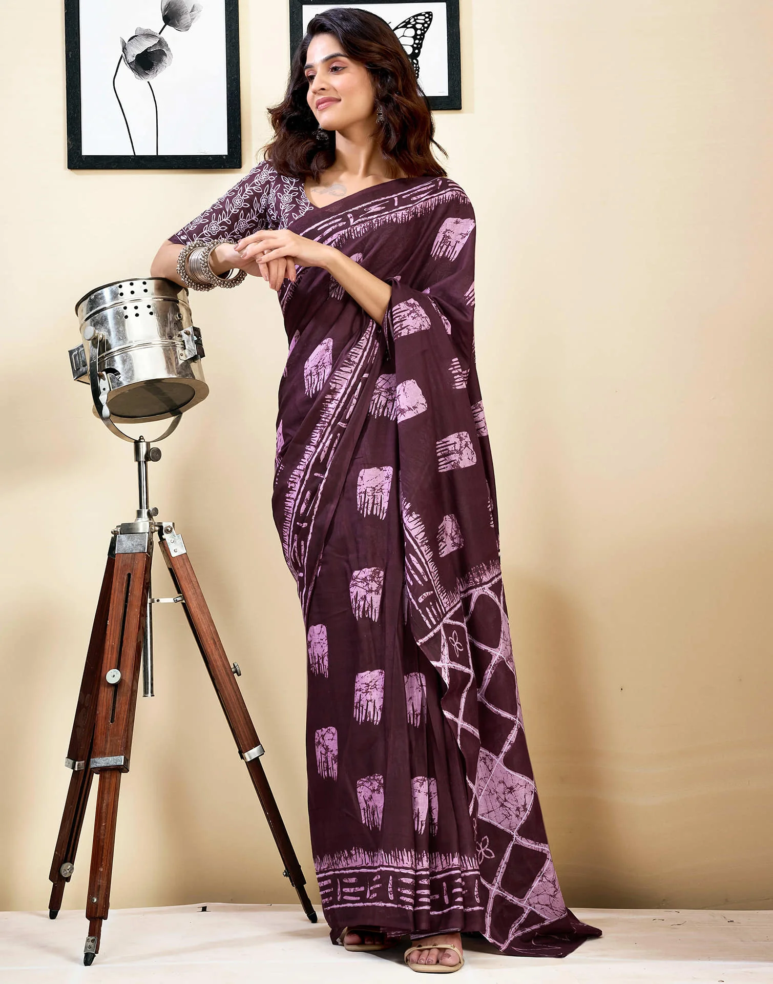Ready To Wear Wine Pure Cotton Printed Saree With Pocket - Image 7