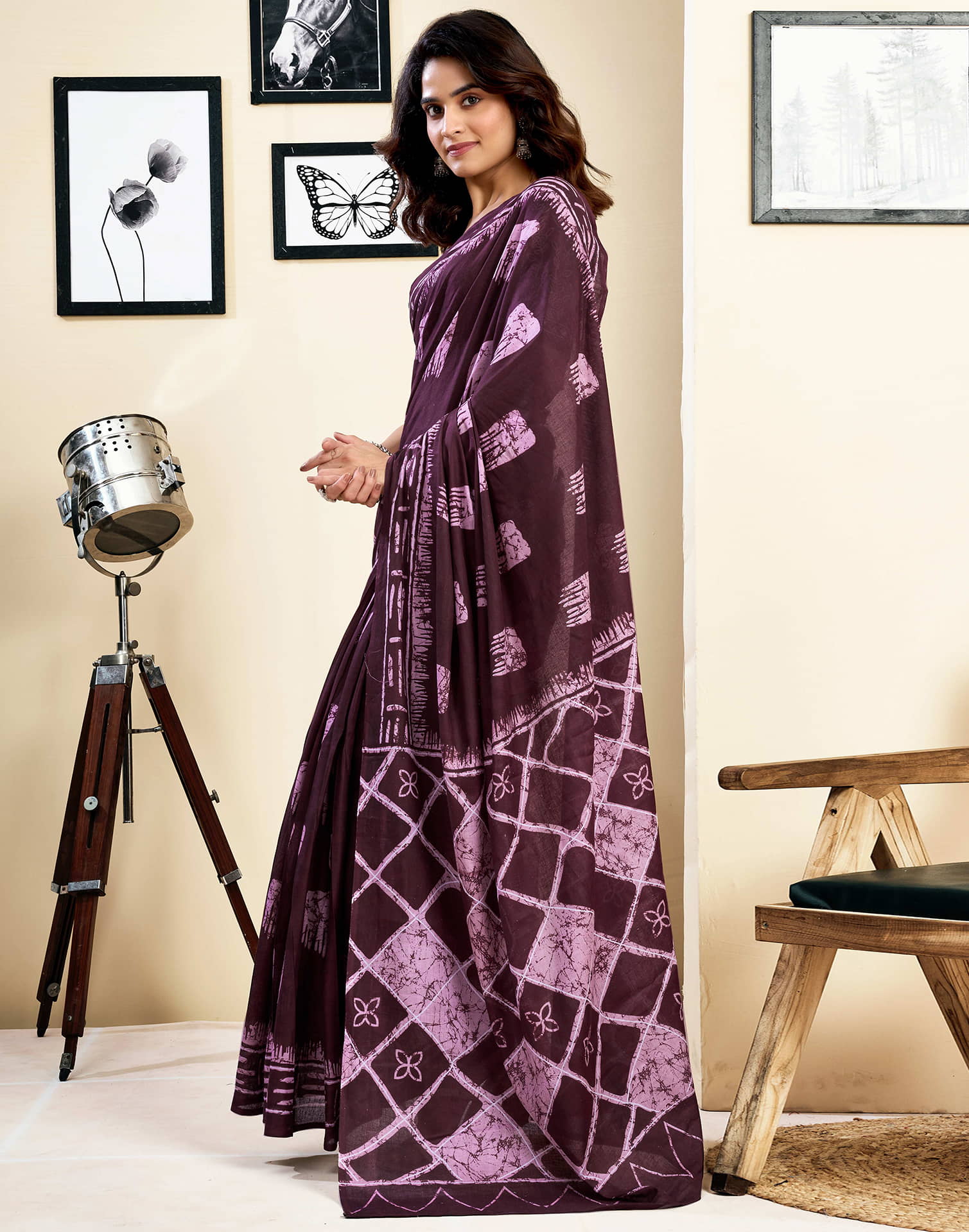 Ready To Wear Wine Pure Cotton Printed Saree With Pocket - Image 8