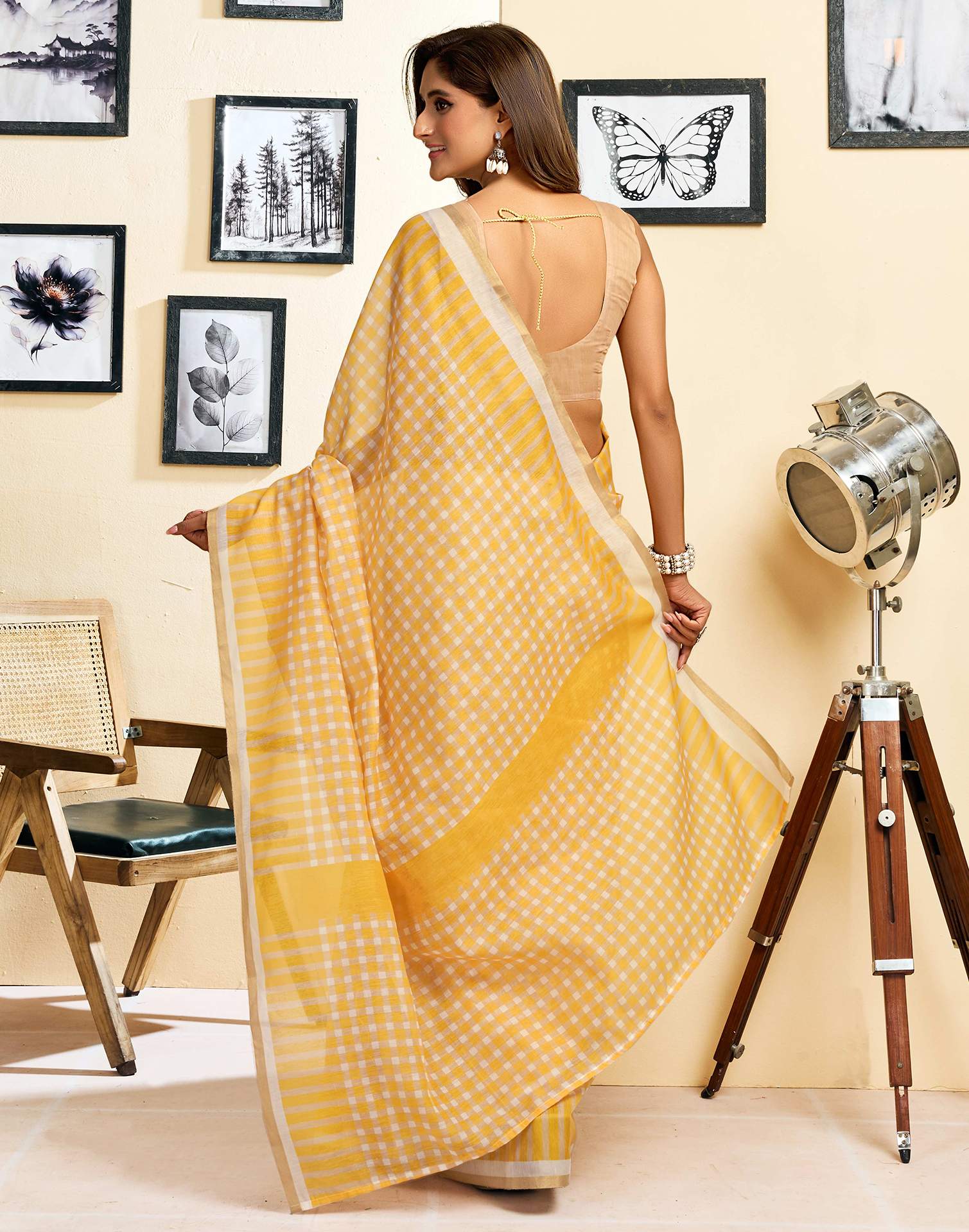 Ready To Wear Yellow Chanderi Cotton Printed Saree - Image 8