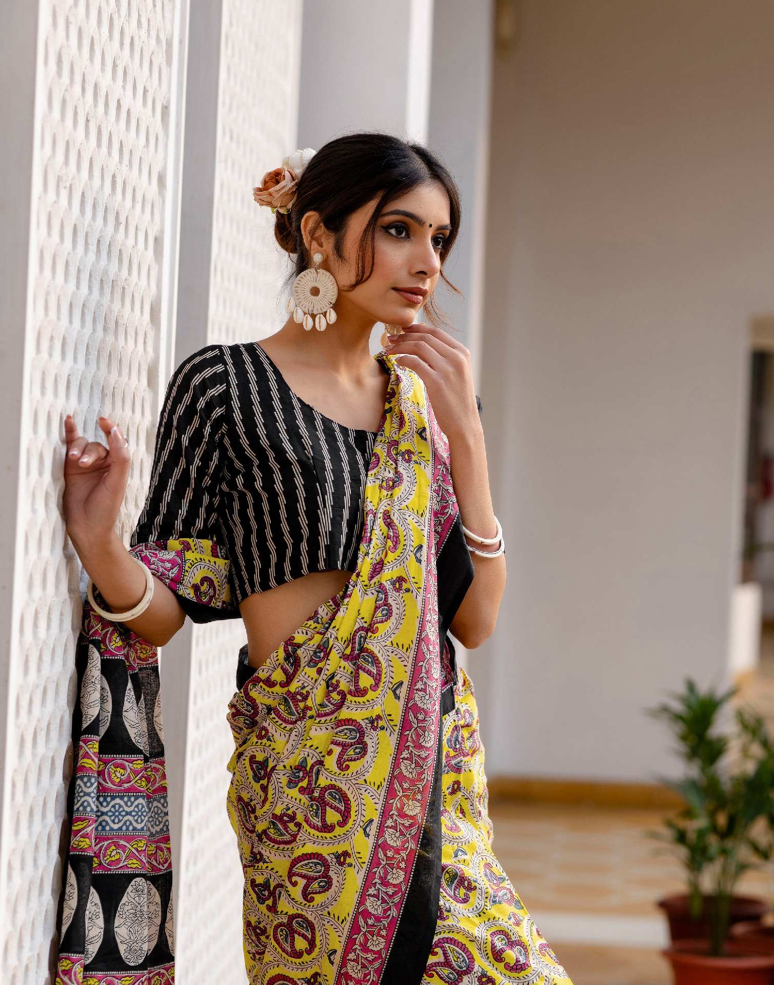 Ready To Wear Yellow Cotton Printed Saree - Image 4