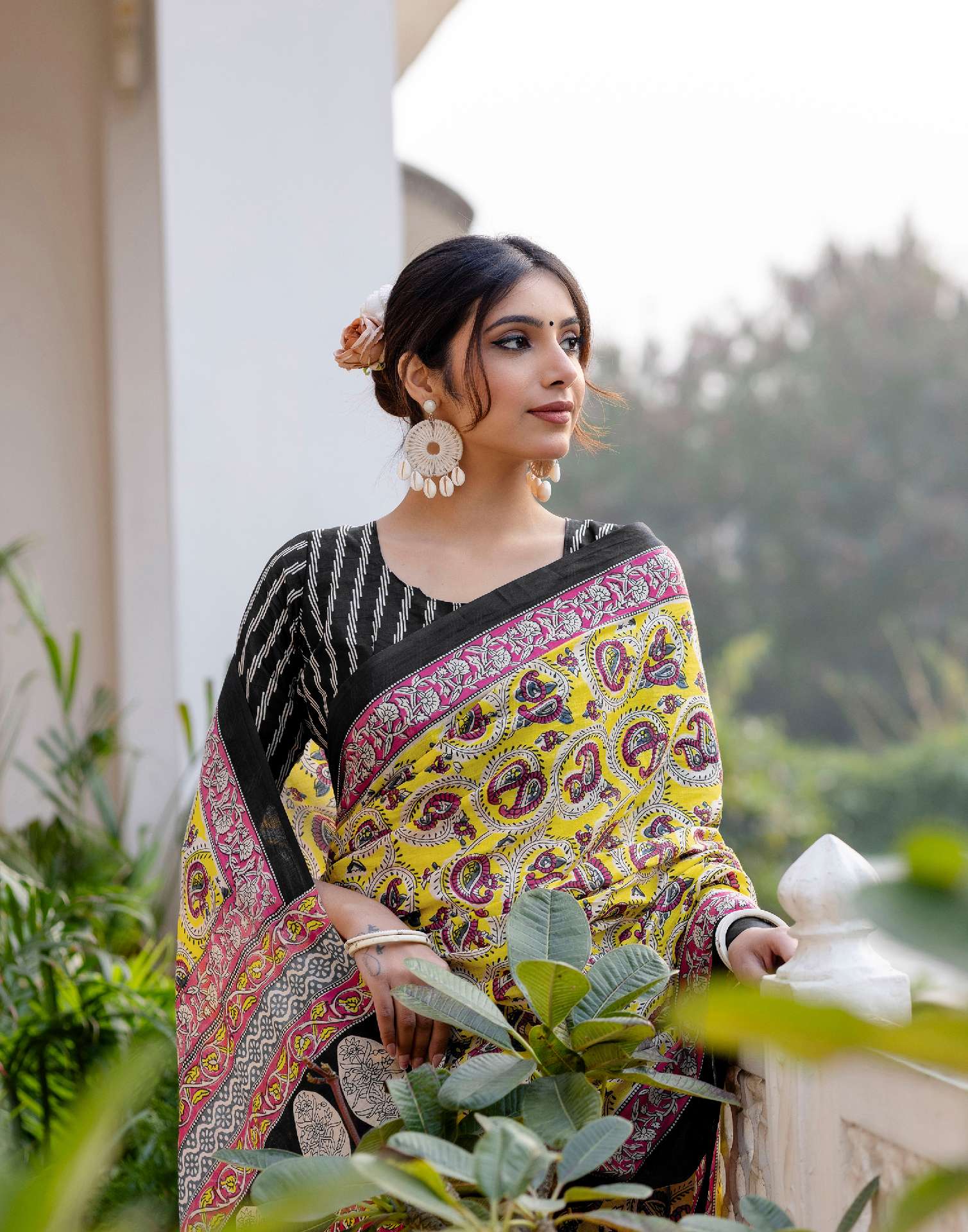 Ready To Wear Yellow Cotton Printed Saree - Image 5