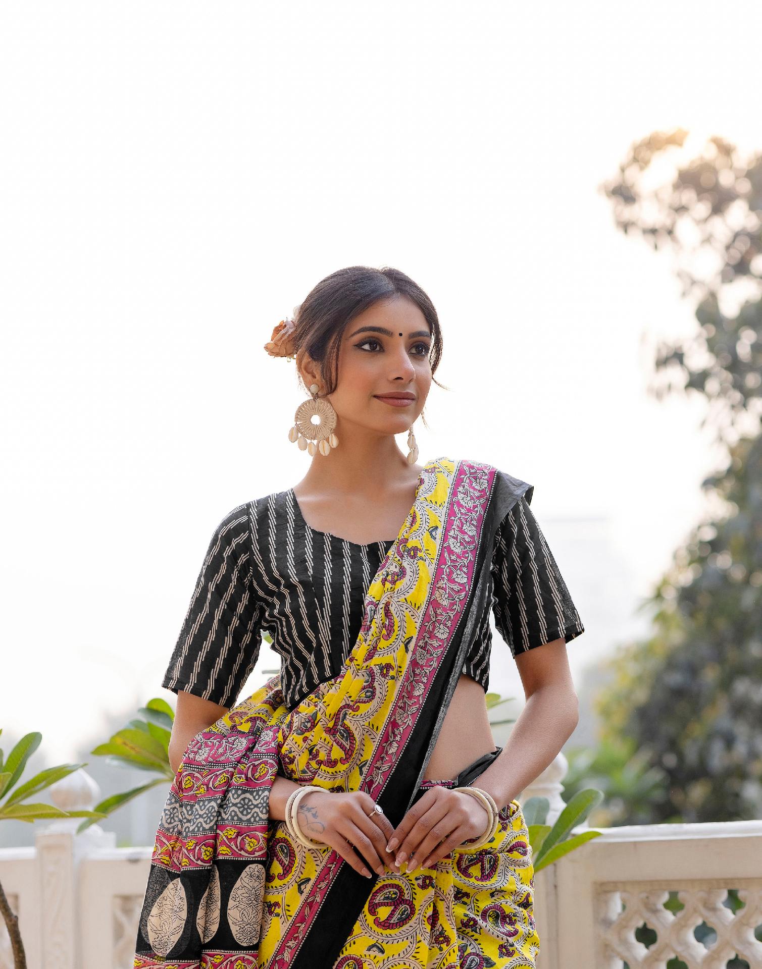 Ready To Wear Yellow Cotton Printed Saree - Image 6