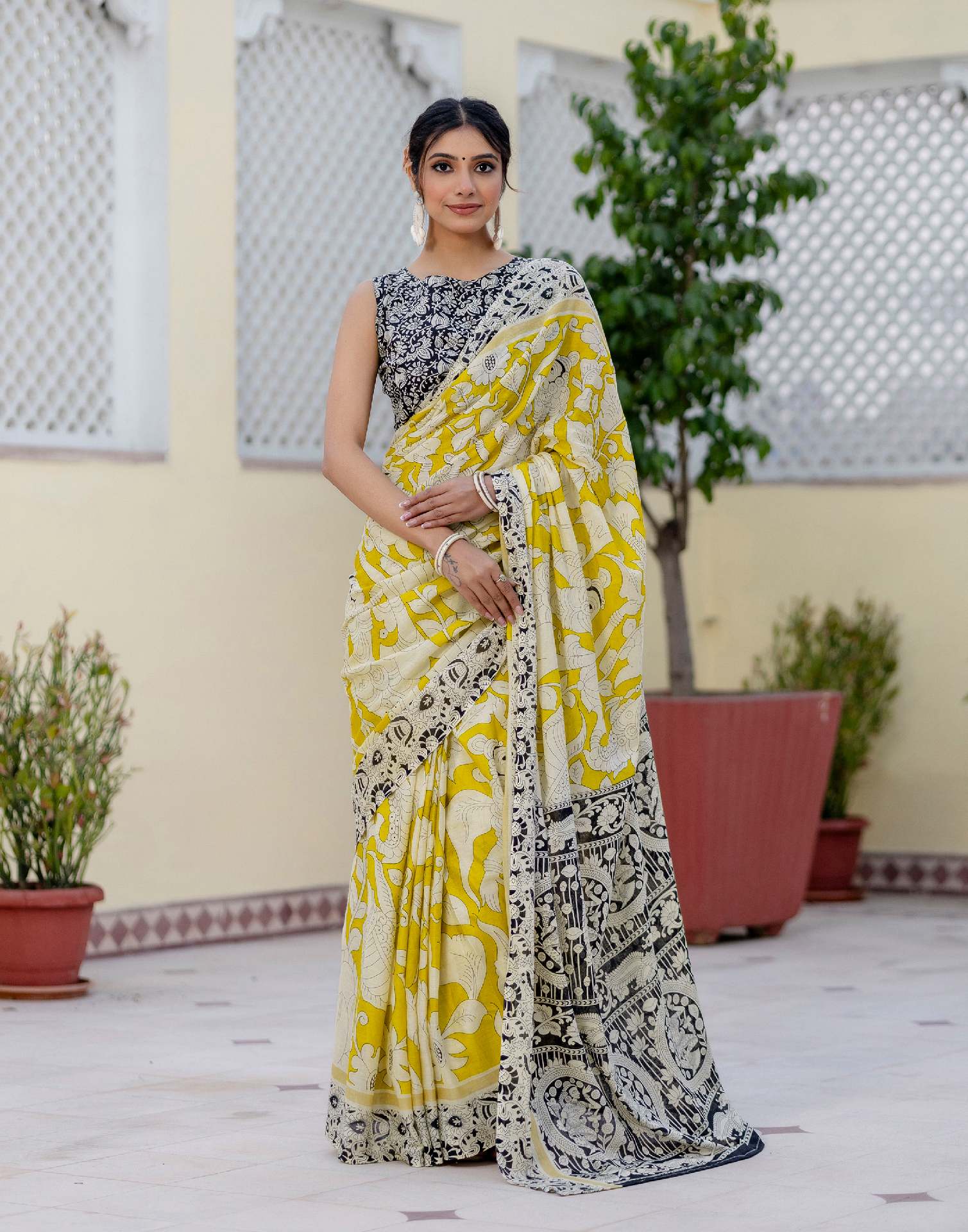 Ready To Wear Yellow Cotton Printed Saree