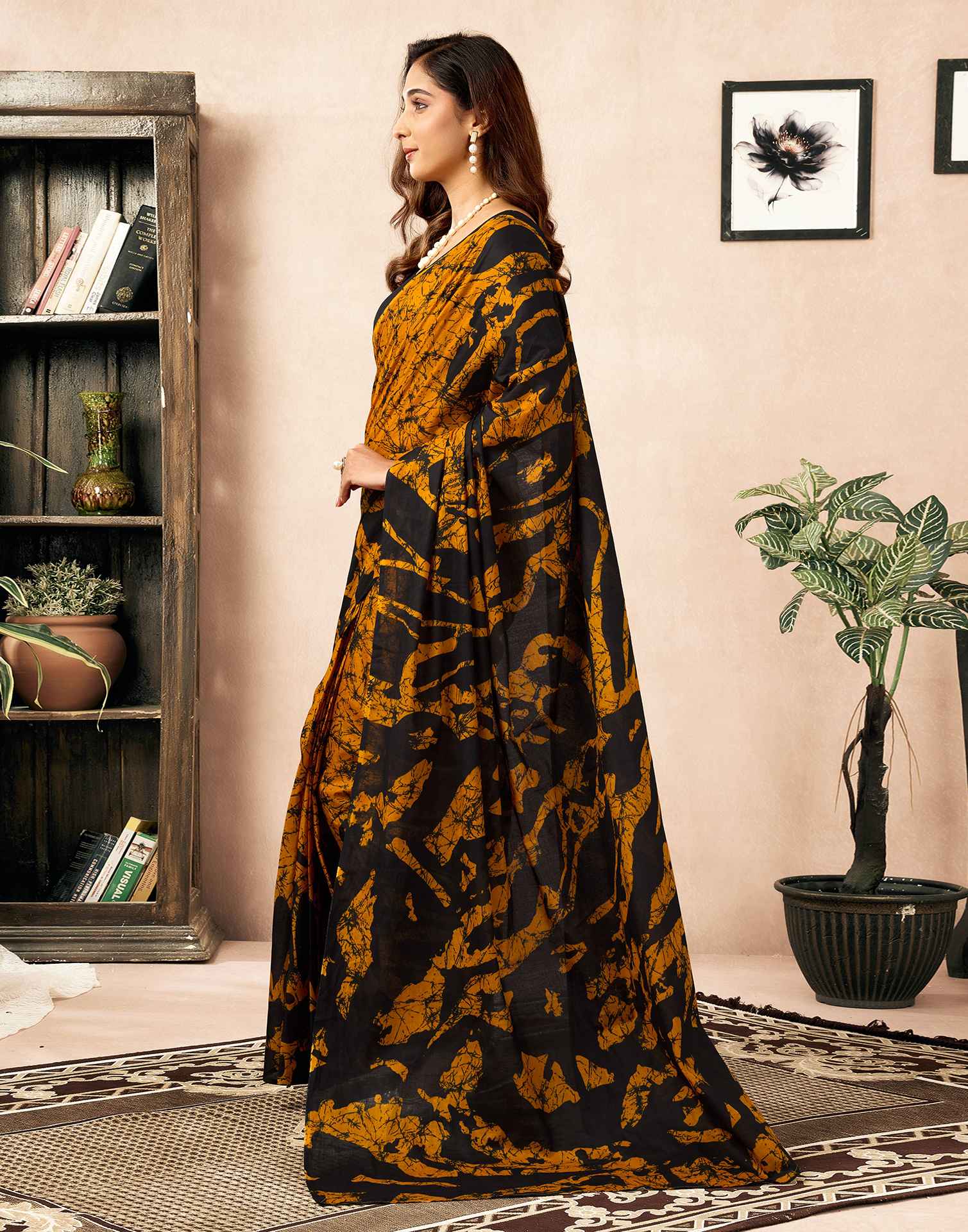 Ready To Wear Yellow Cotton Printed Saree - Image 4