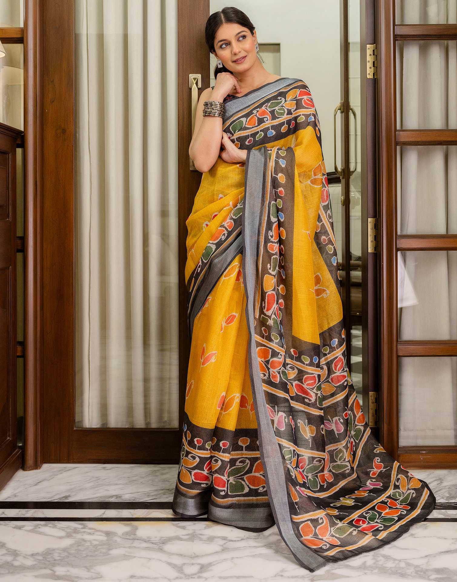Ready To Wear Yellow Cotton Printed Saree - Image 6