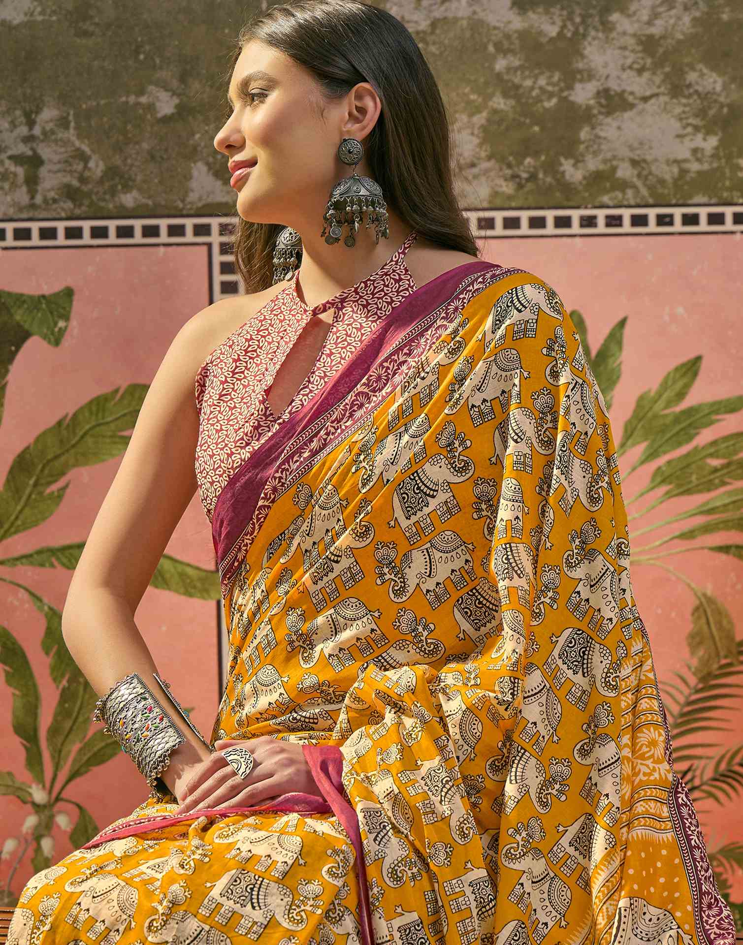 Ready To Wear Yellow Cotton Printed Saree - Image 4