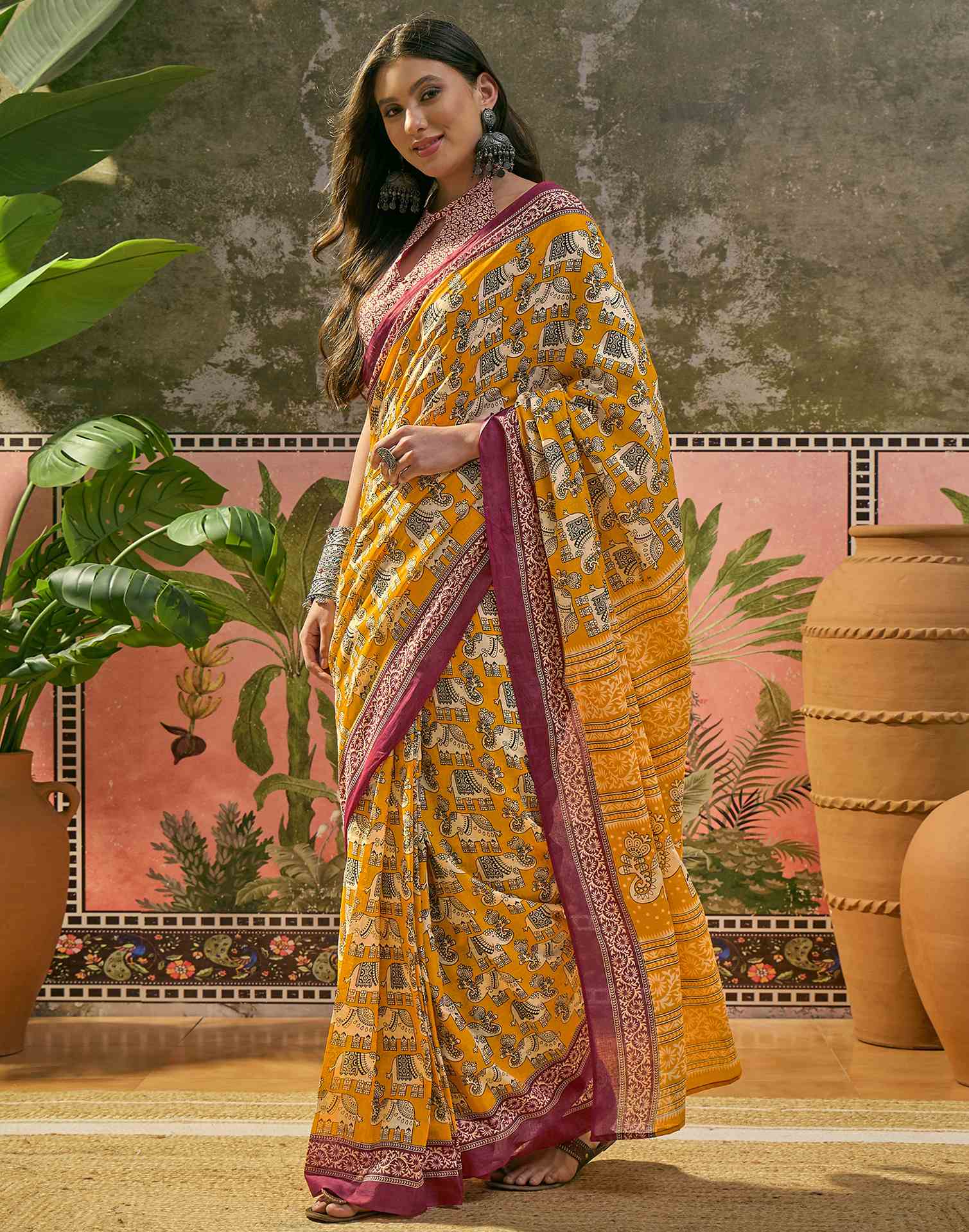 Ready To Wear Yellow Cotton Printed Saree - Image 5