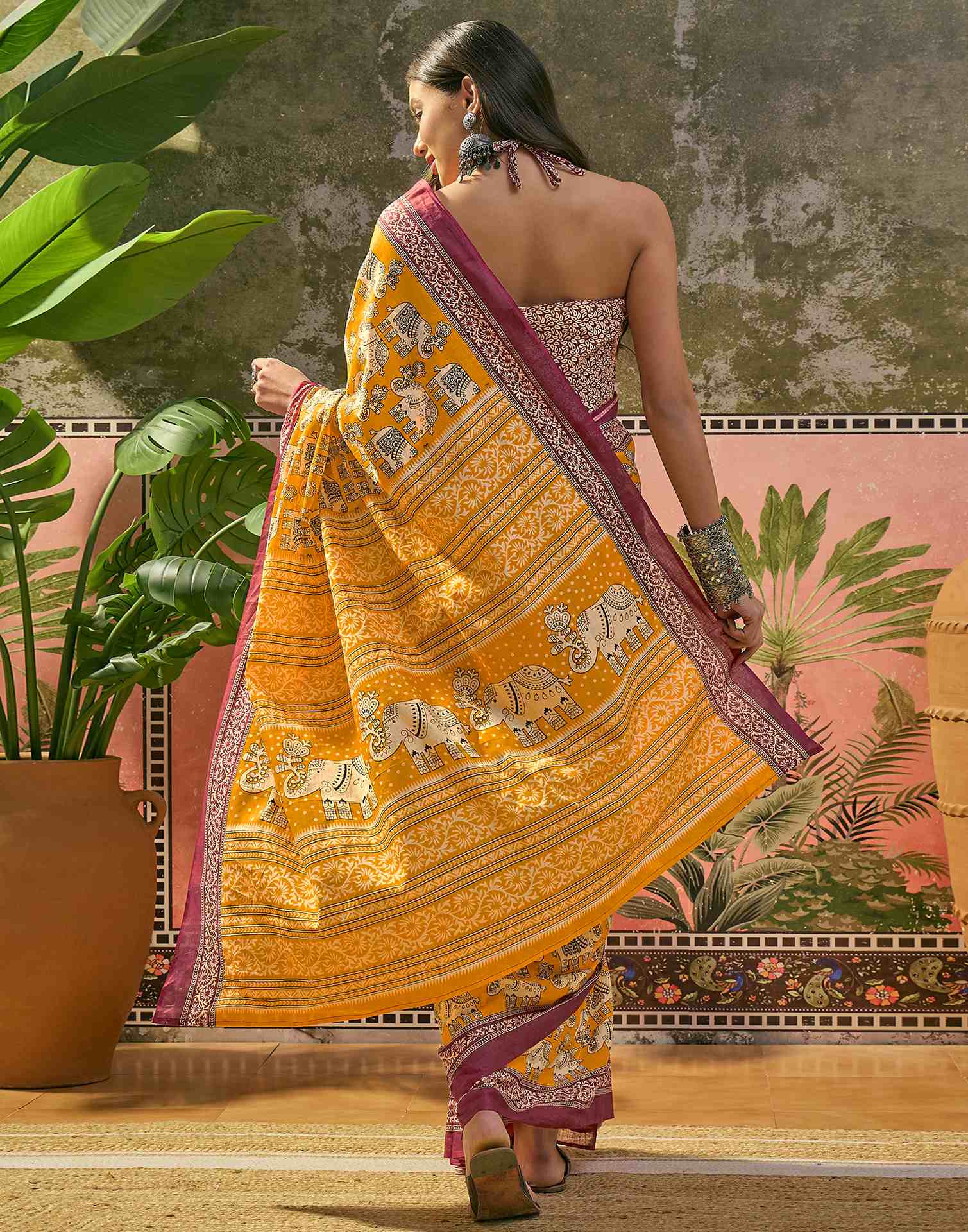 Ready To Wear Yellow Cotton Printed Saree - Image 7