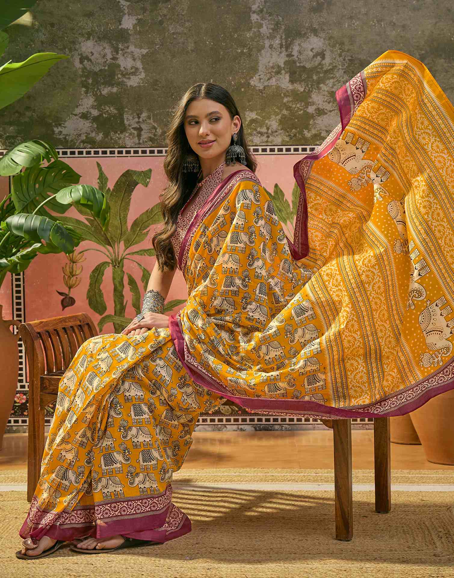 Ready To Wear Yellow Cotton Printed Saree - Image 8