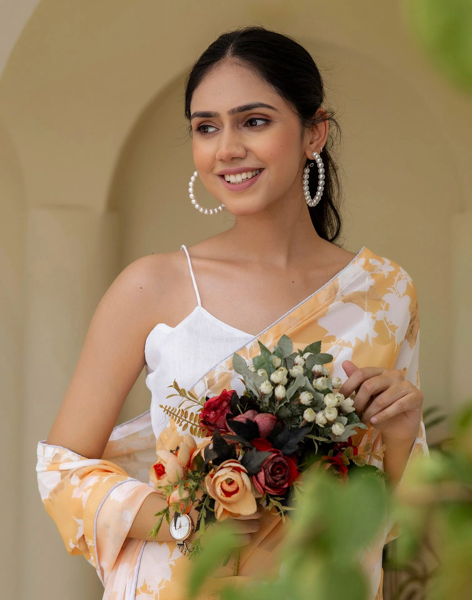 Ready To Wear Yellow Georgette Printed Saree - Image 4