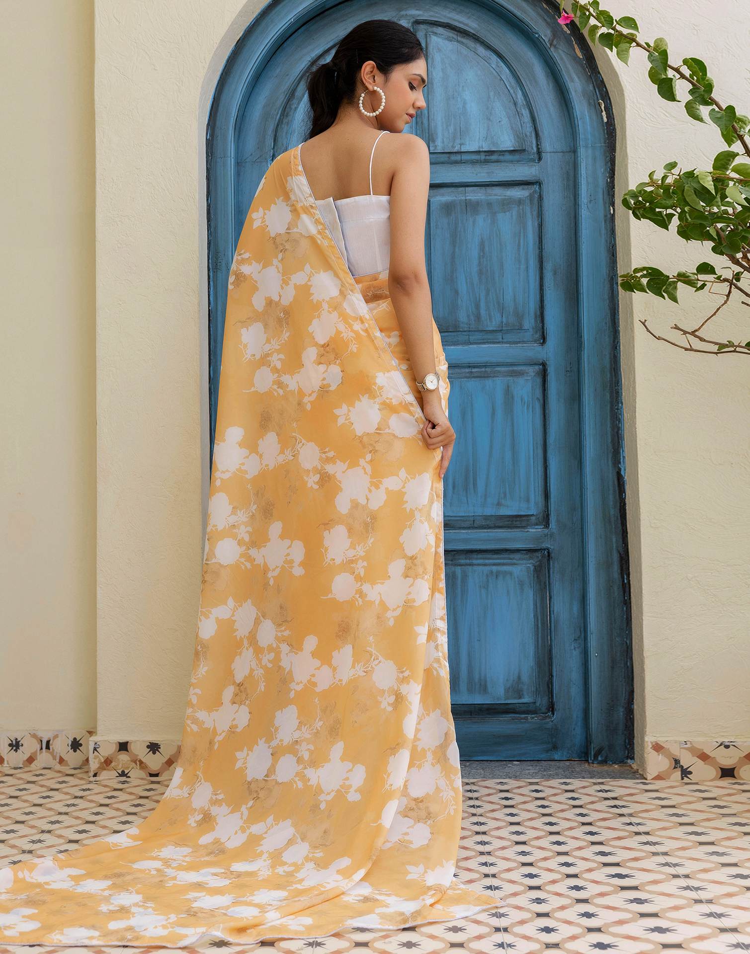 Ready To Wear Yellow Georgette Printed Saree - Image 6