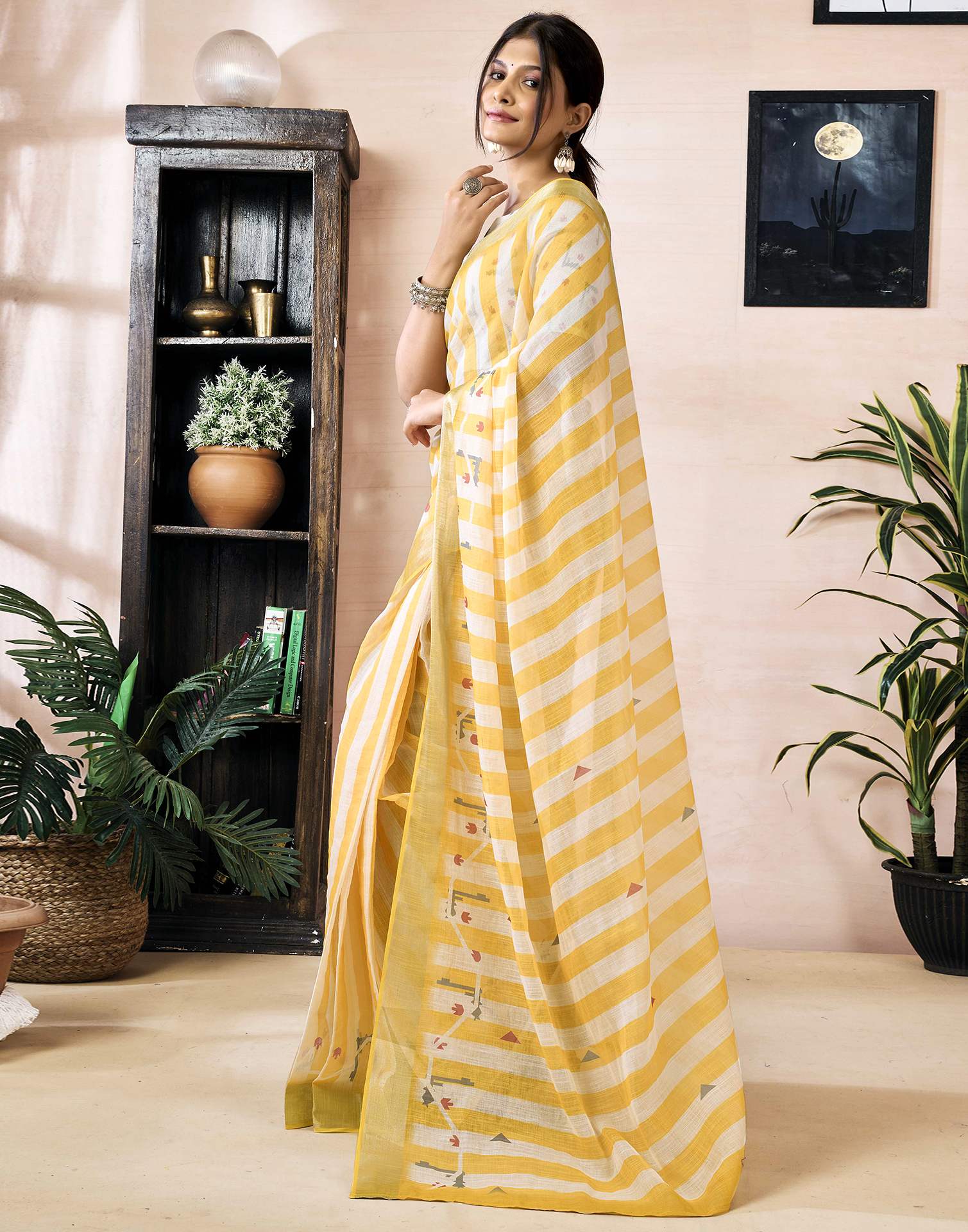 Ready to Wear Yellow Linen Printed Saree - Image 5