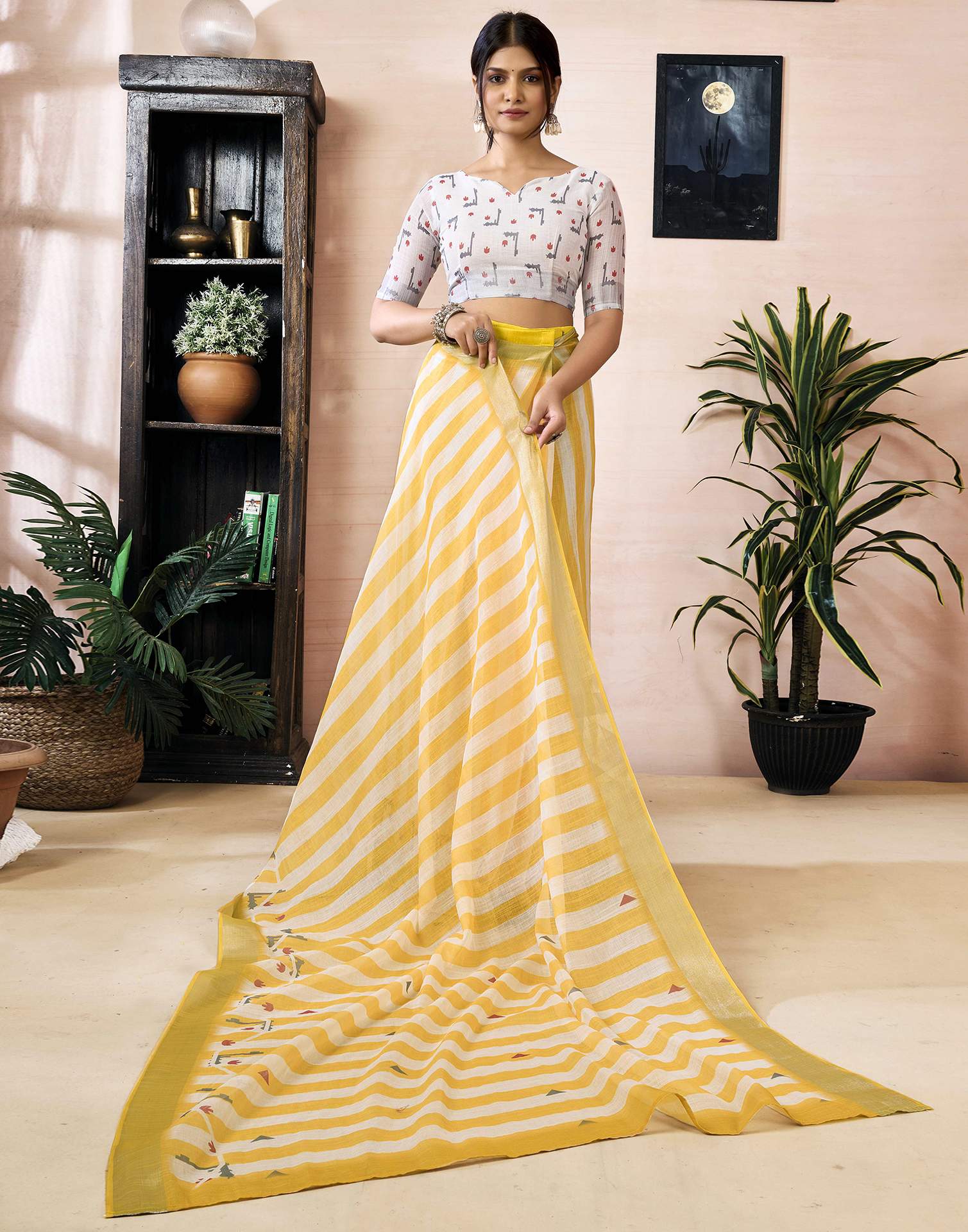 Ready to Wear Yellow Linen Printed Saree - Image 7