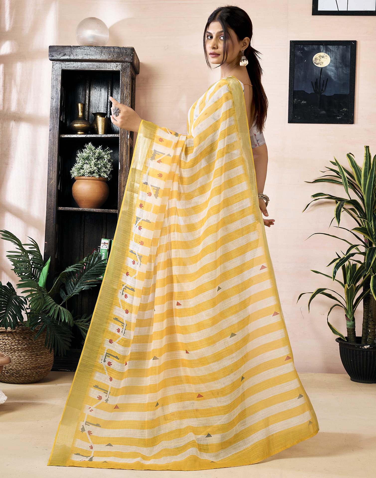 Ready to Wear Yellow Linen Printed Saree - Image 8