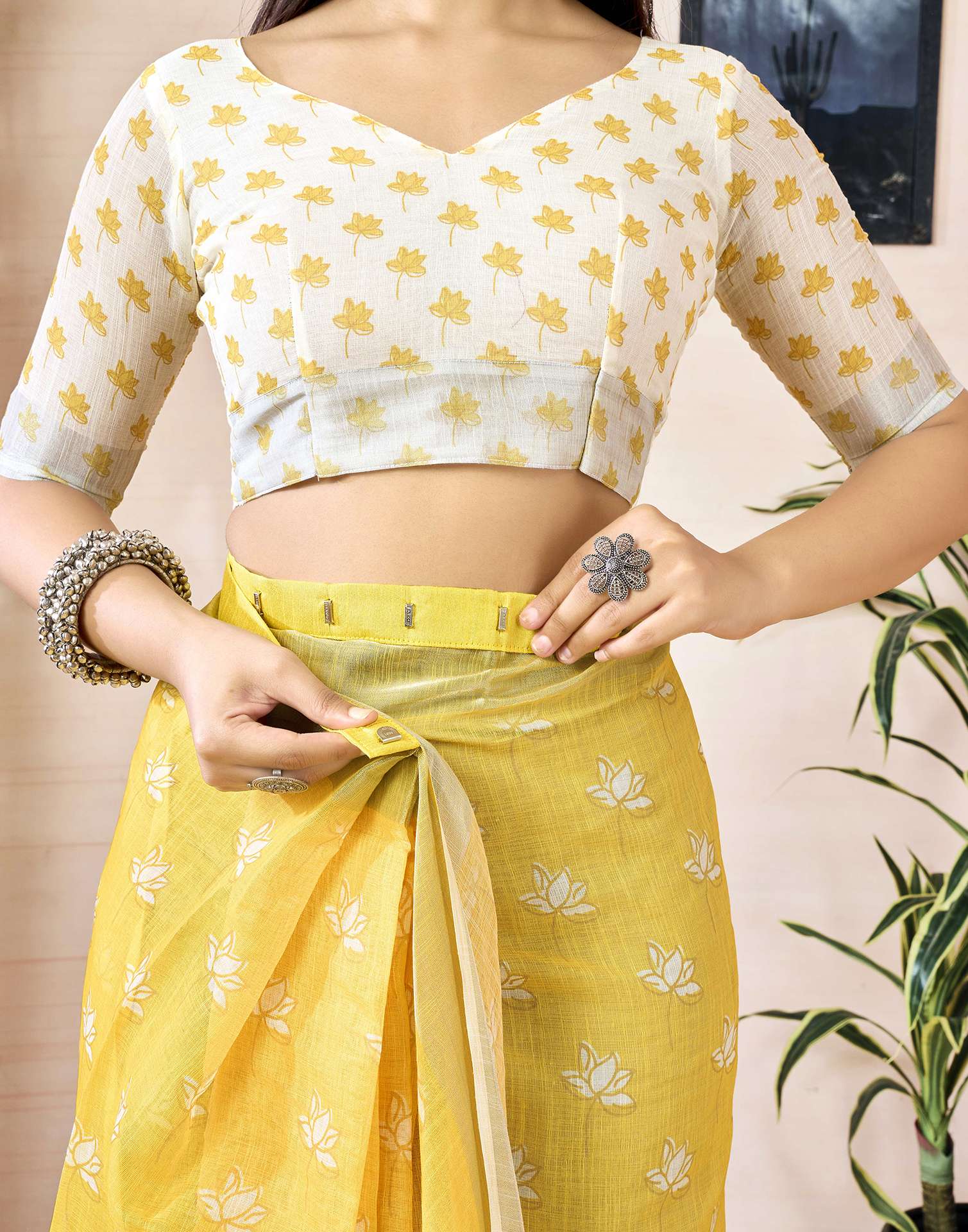 Ready to Wear Yellow Linen Printed Saree - Image 2