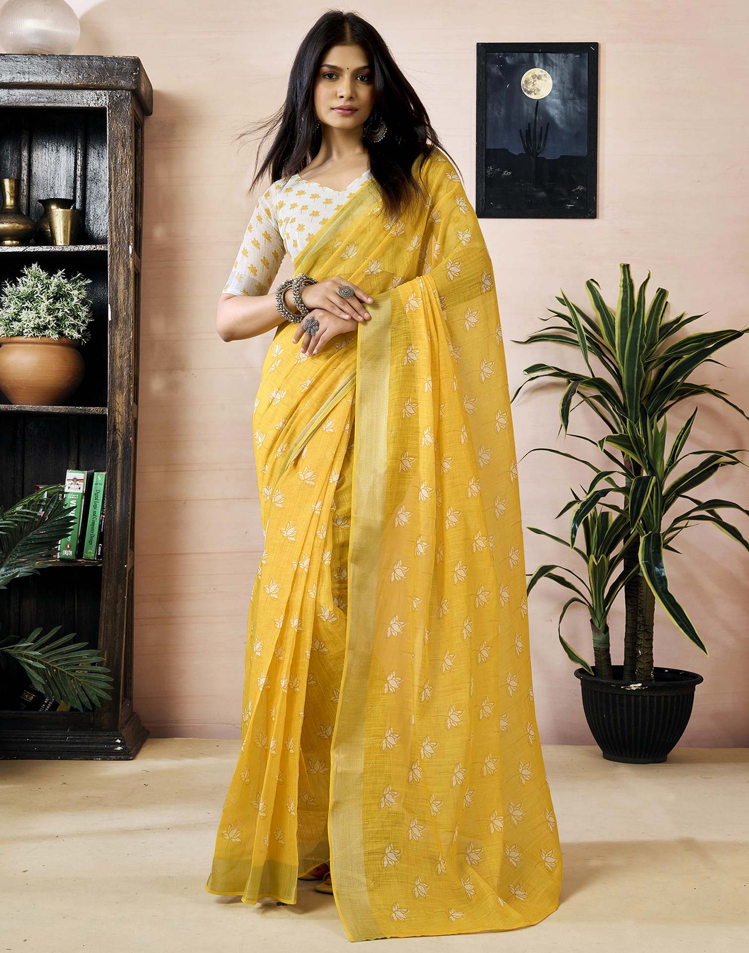 Ready to Wear Yellow Linen Printed Saree - Image 4