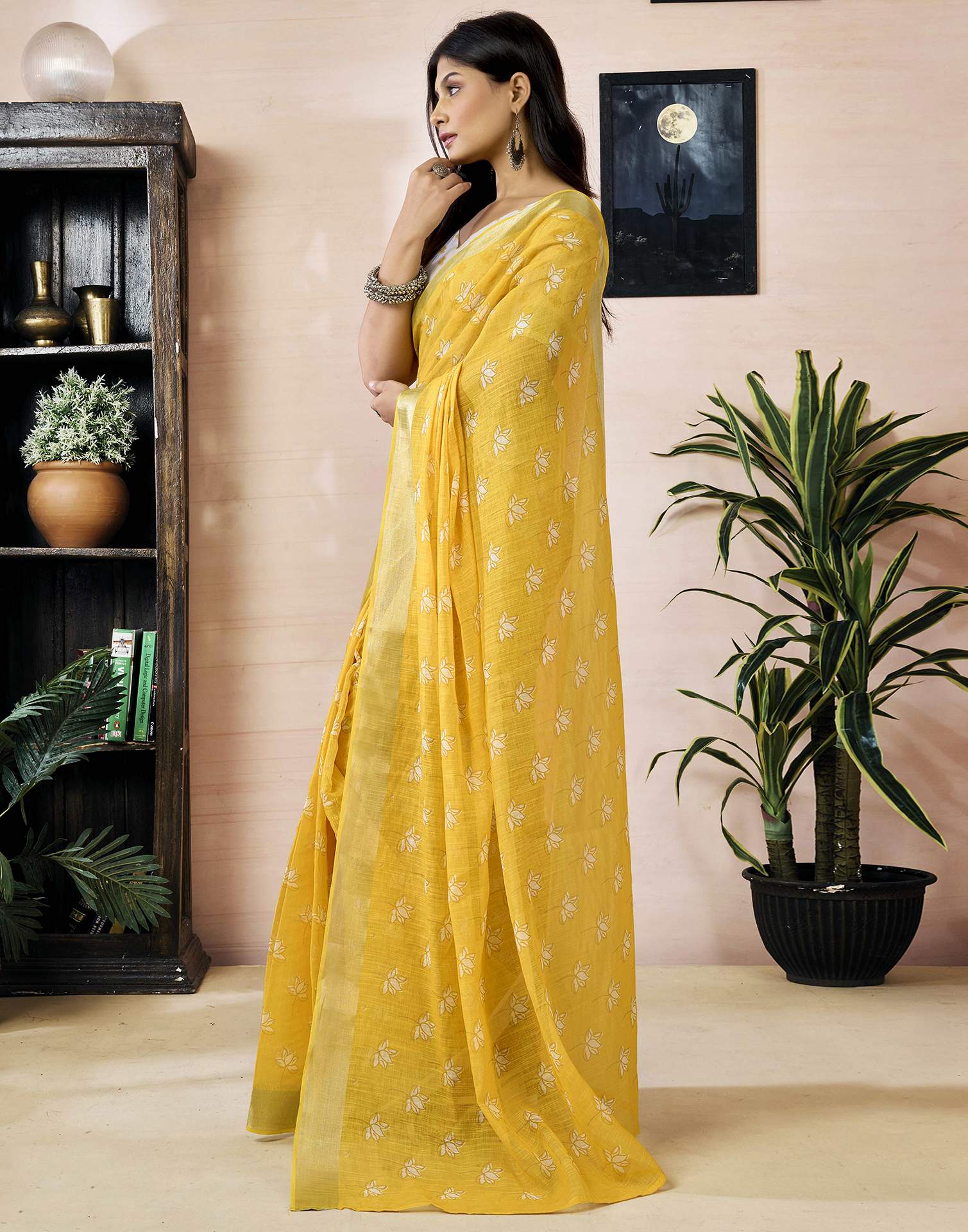 Ready to Wear Yellow Linen Printed Saree - Image 5