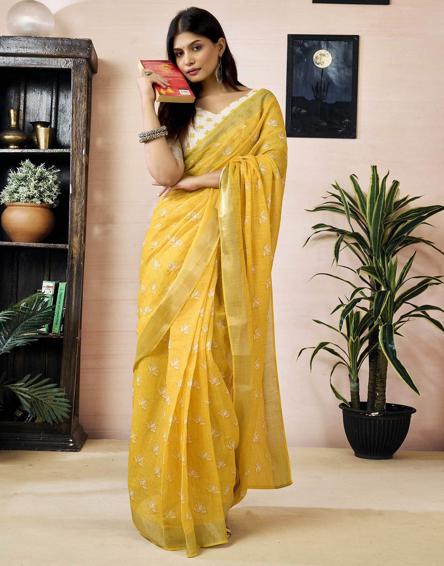 Ready to Wear Yellow Linen Printed Saree - Image 6