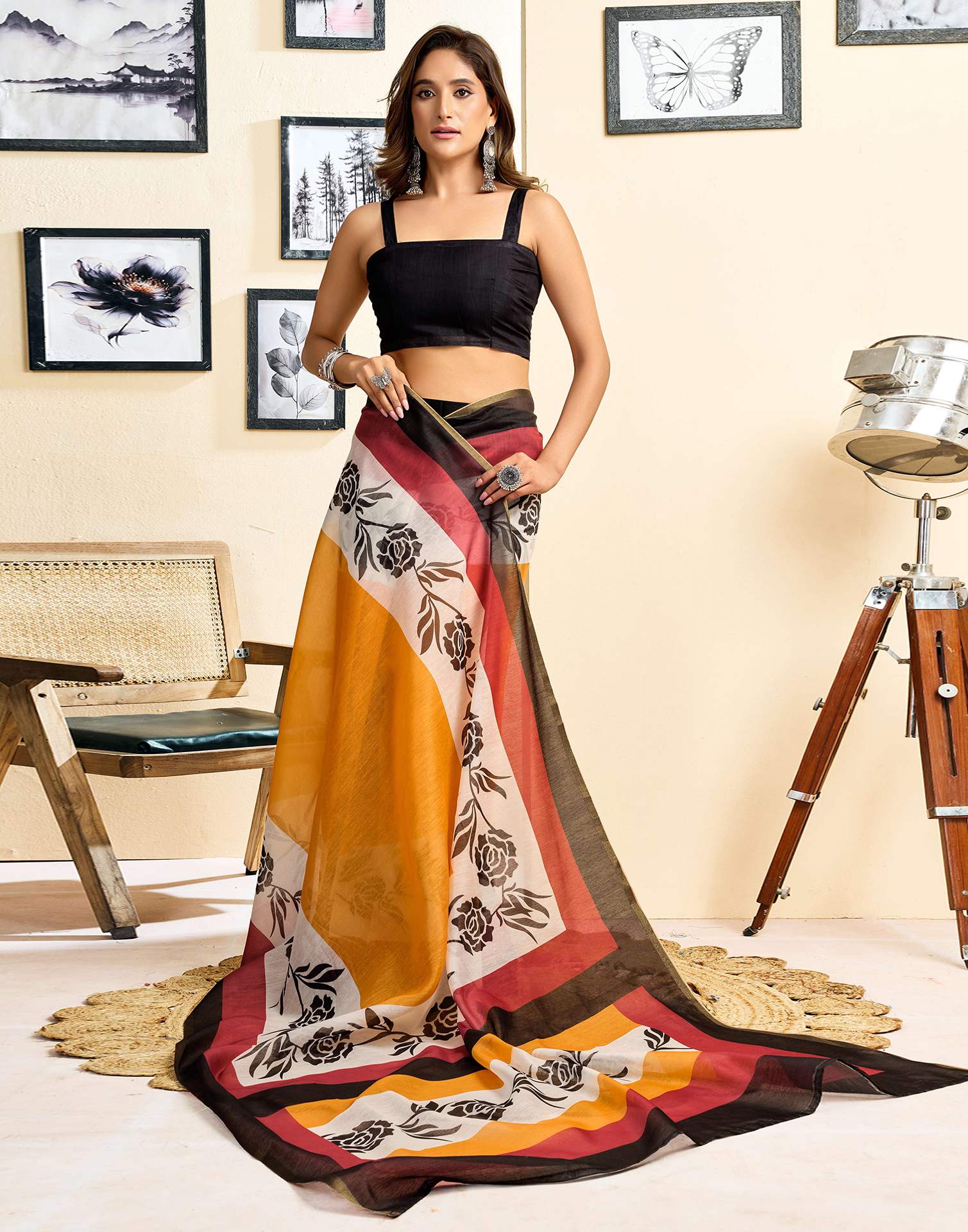 Ready To Wear Yellow Linen Printed Saree - Image 2