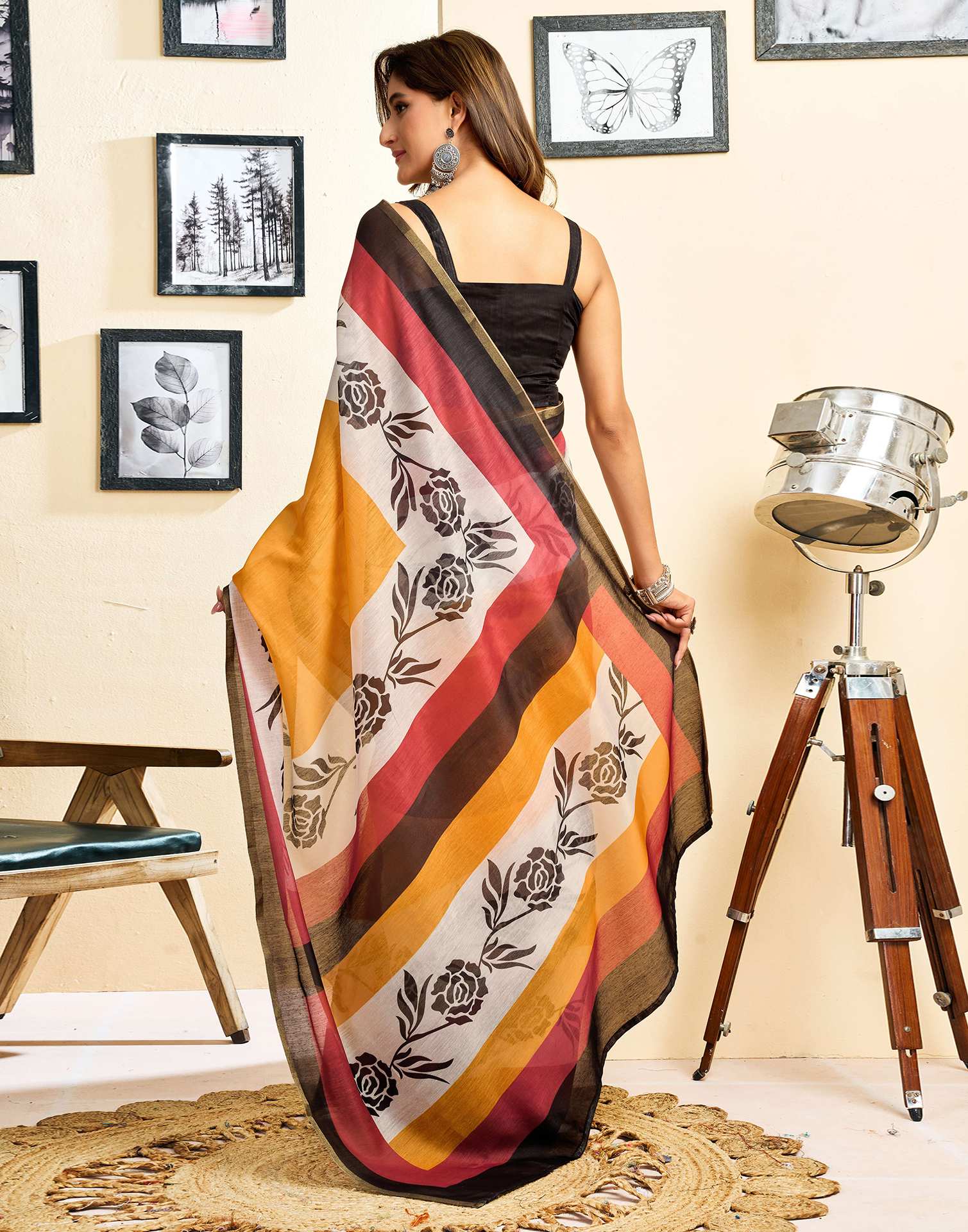 Ready To Wear Yellow Linen Printed Saree - Image 8