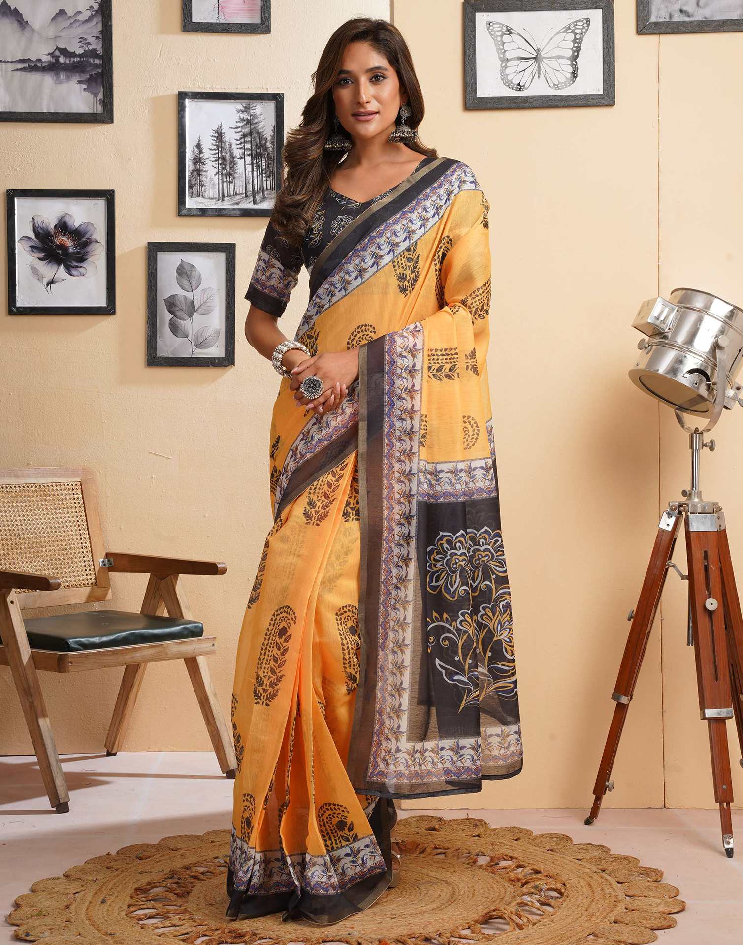 Ready To Wear Yellow Linen Printed Saree - Image 5