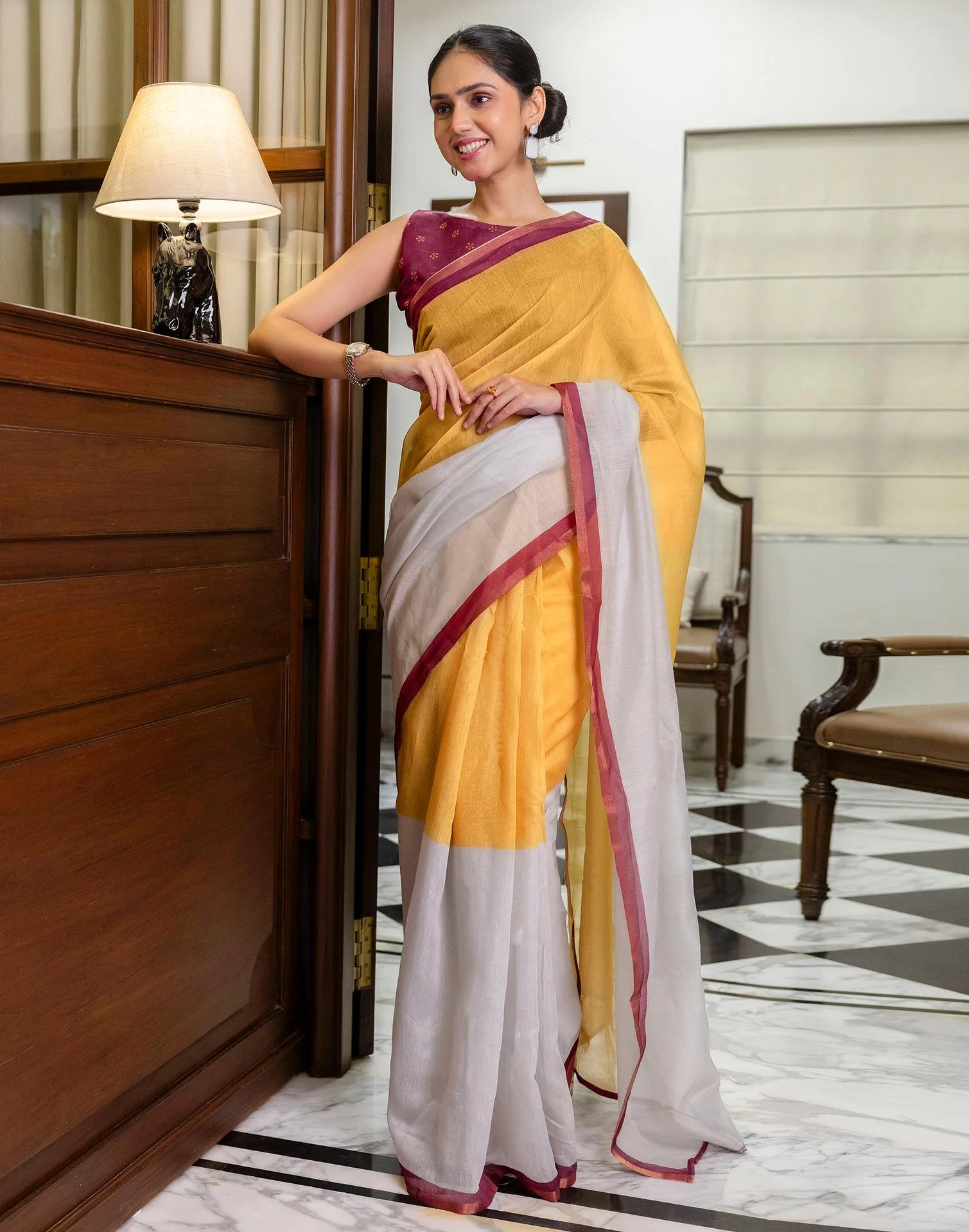 Ready To Wear Yellow Linen Zari Border Saree