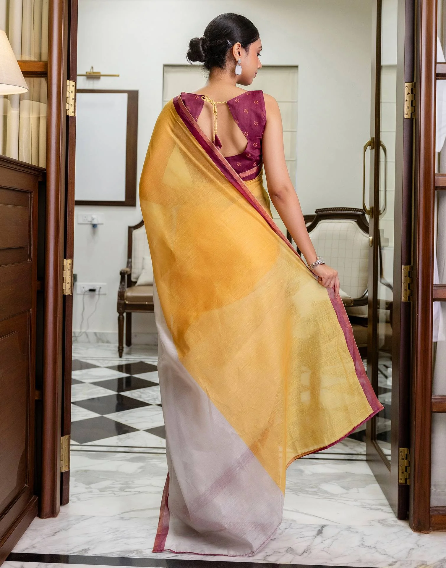 Ready To Wear Yellow Linen Zari Border Saree - Image 8