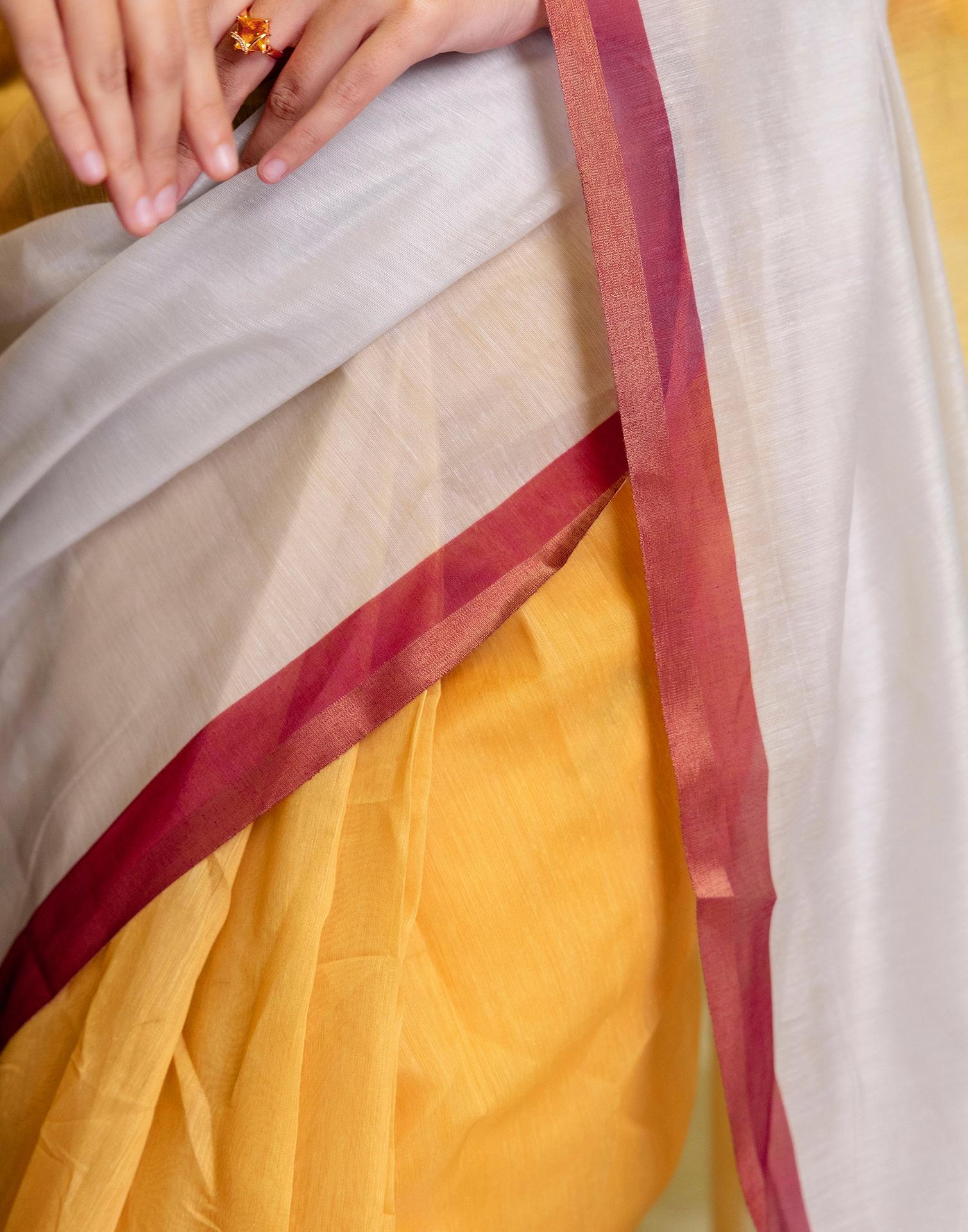 Ready To Wear Yellow Linen Zari Border Saree - Image 9