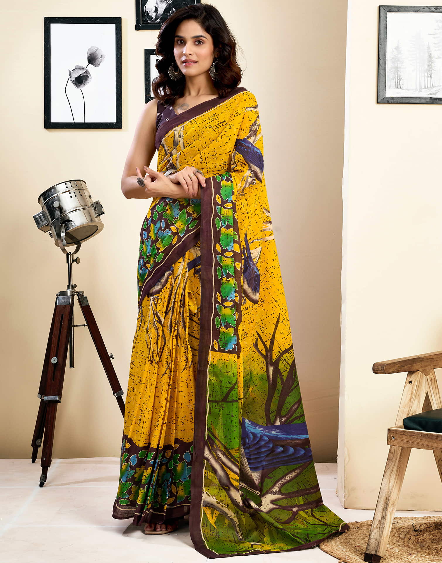 Ready To Wear Yellow Pure Cotton Printed Saree With Pocket - Image 2