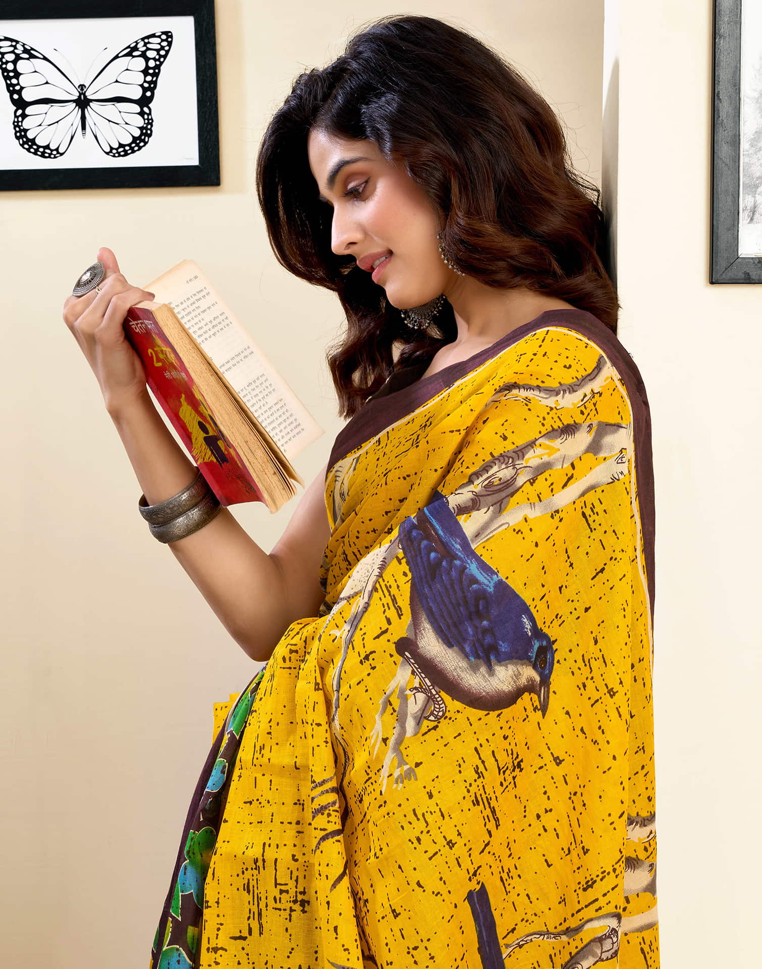 Ready To Wear Yellow Pure Cotton Printed Saree With Pocket - Image 6