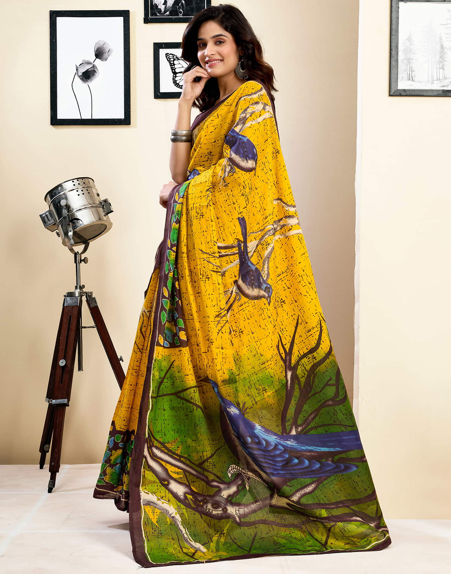 Ready To Wear Yellow Pure Cotton Printed Saree With Pocket - Image 8