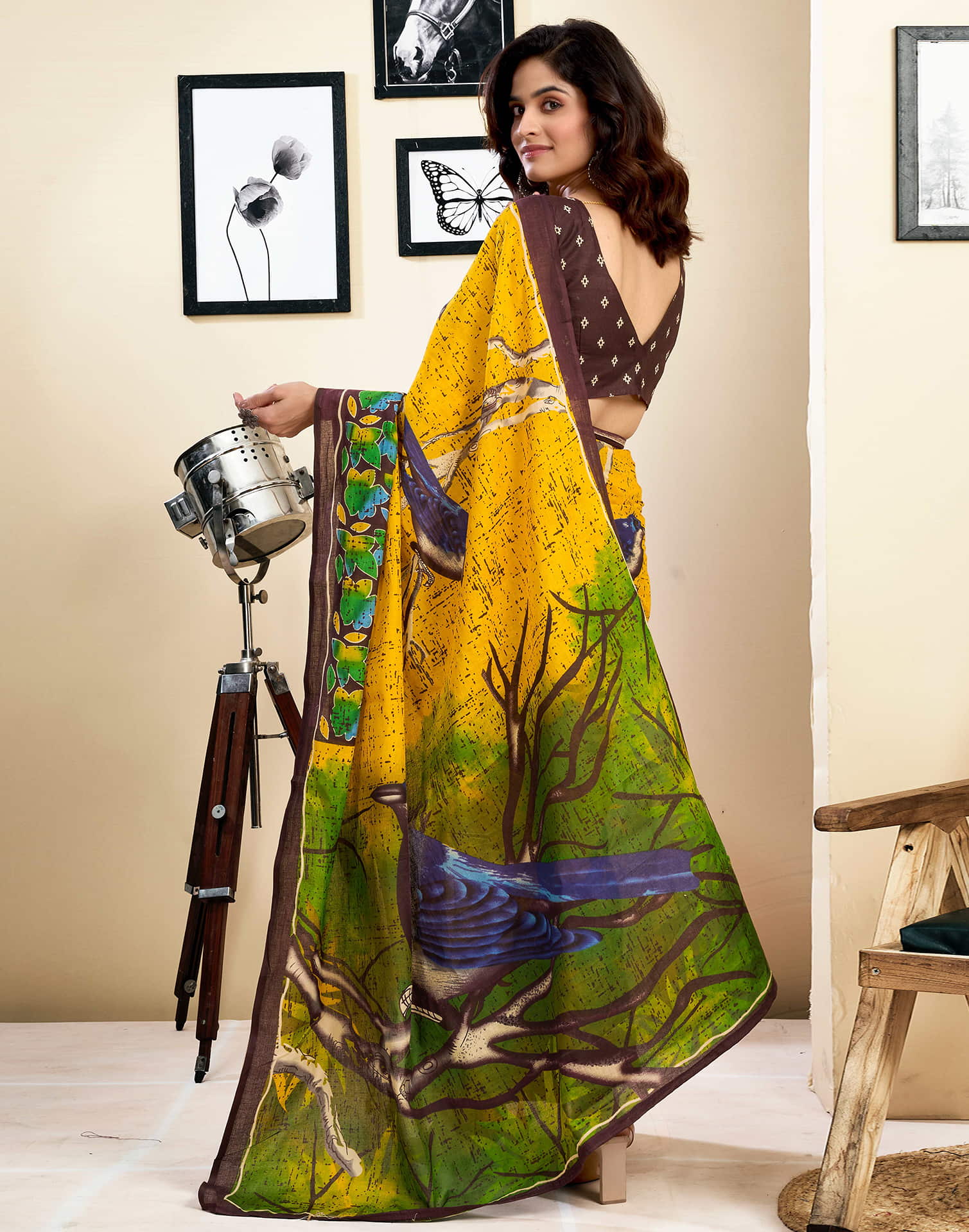 Ready To Wear Yellow Pure Cotton Printed Saree With Pocket - Image 9