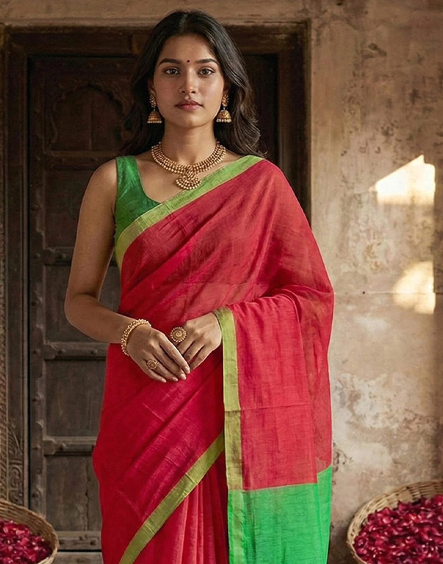 Red Chanderi Cotton Zari Border Woven Saree - Image 2