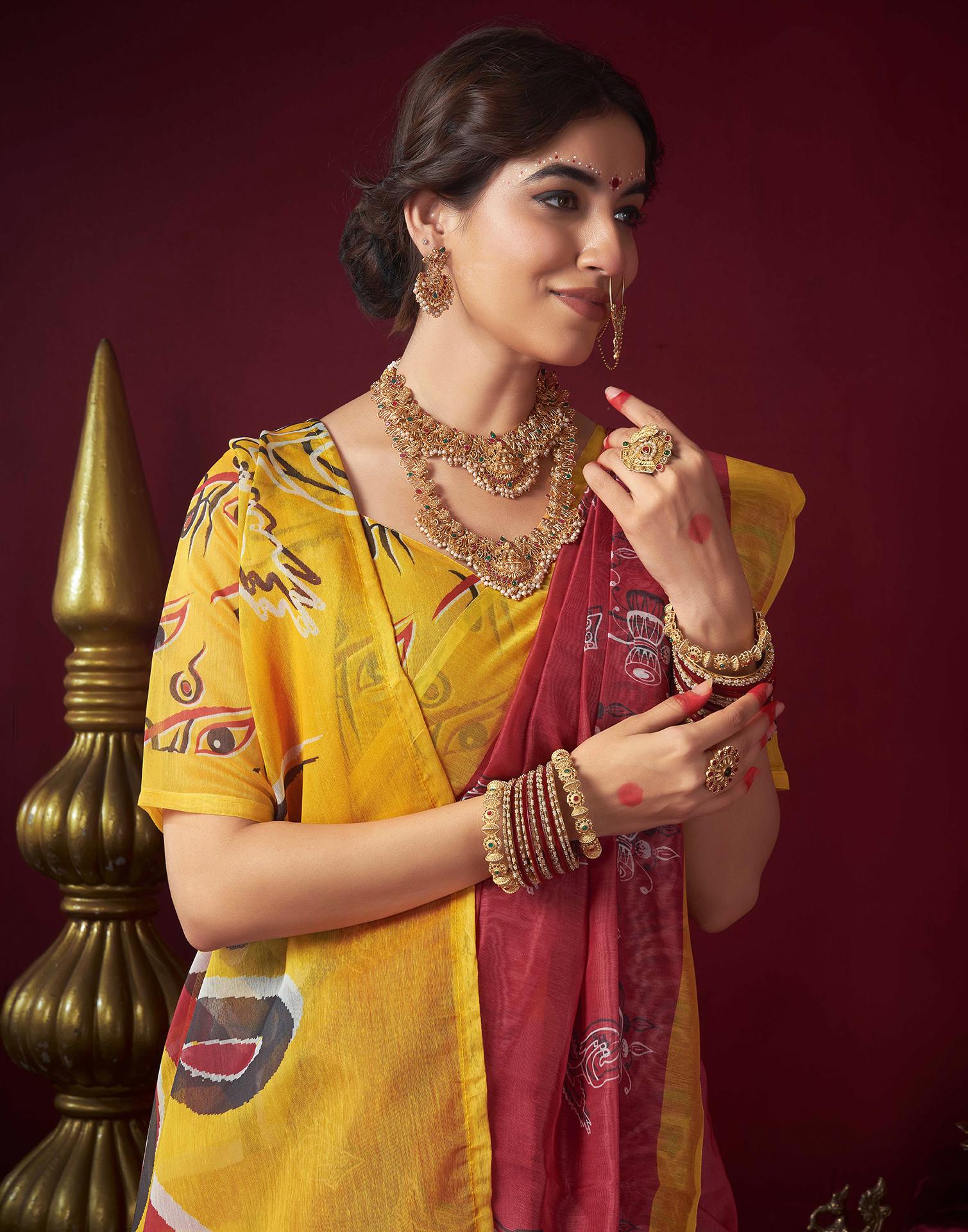 Red Chanderi Printed Durga Puja Saree - Image 2