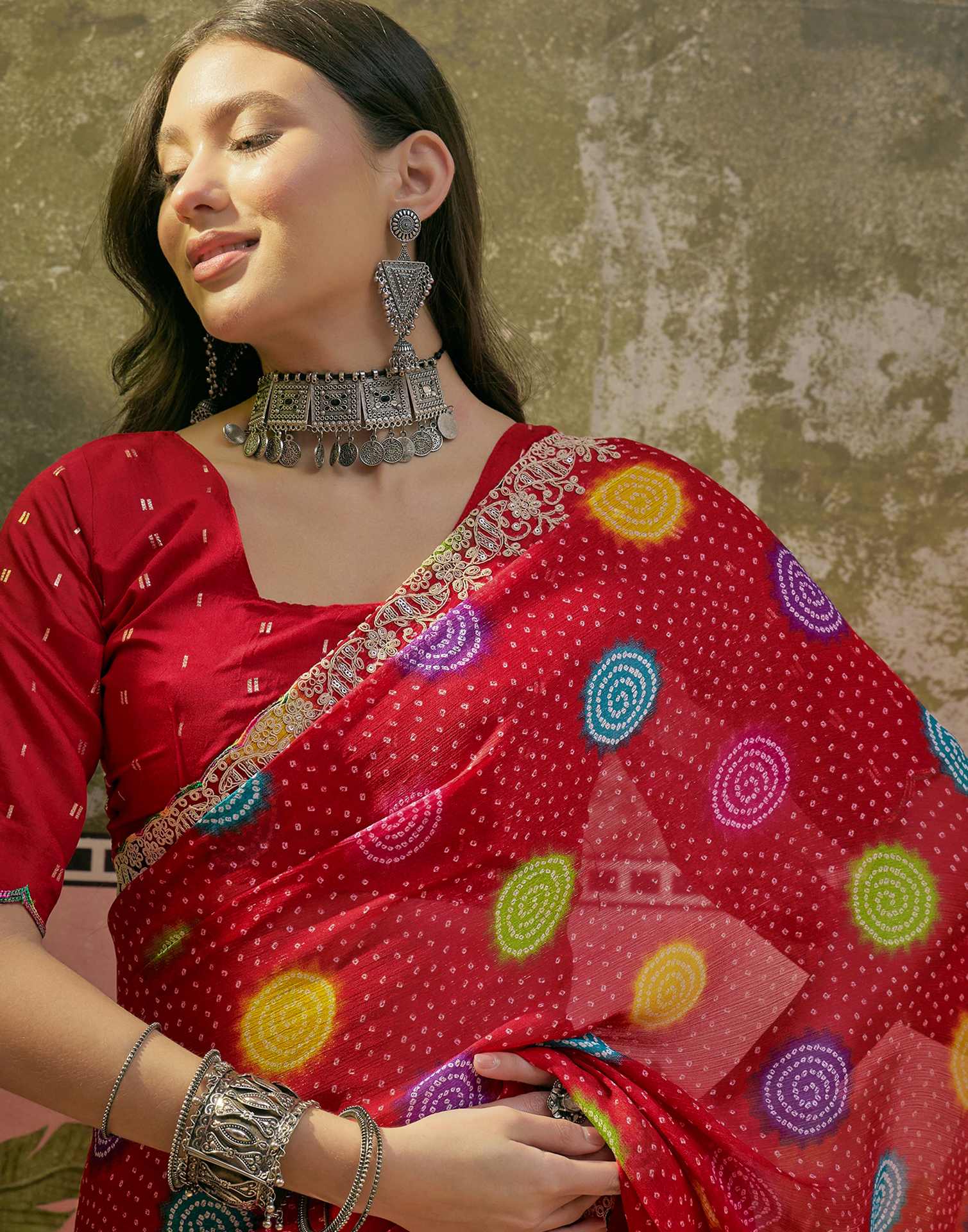 Red Chiffon Bandhani Printed Embroidery Saree - Image 2