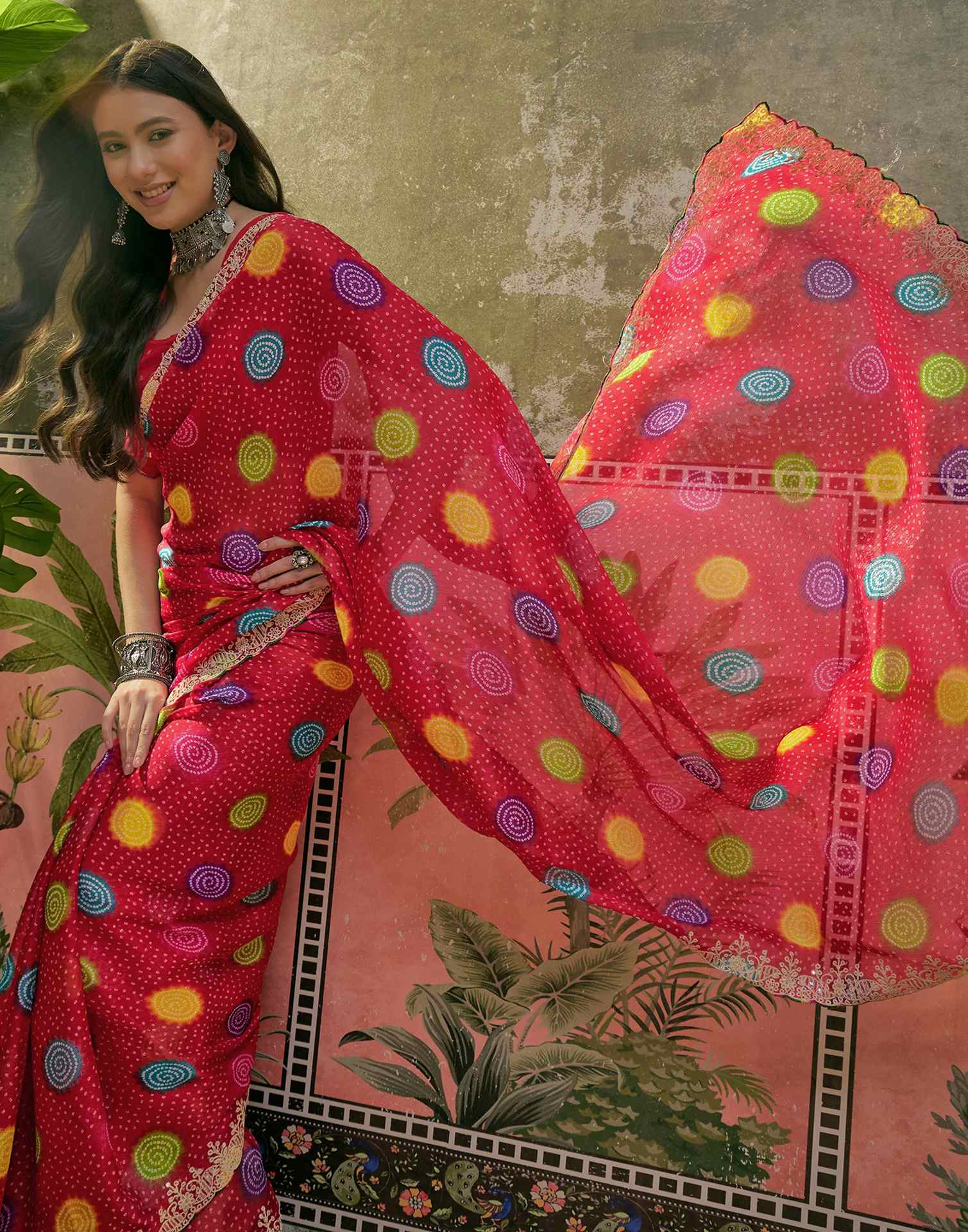 Red Chiffon Bandhani Printed Embroidery Saree - Image 4