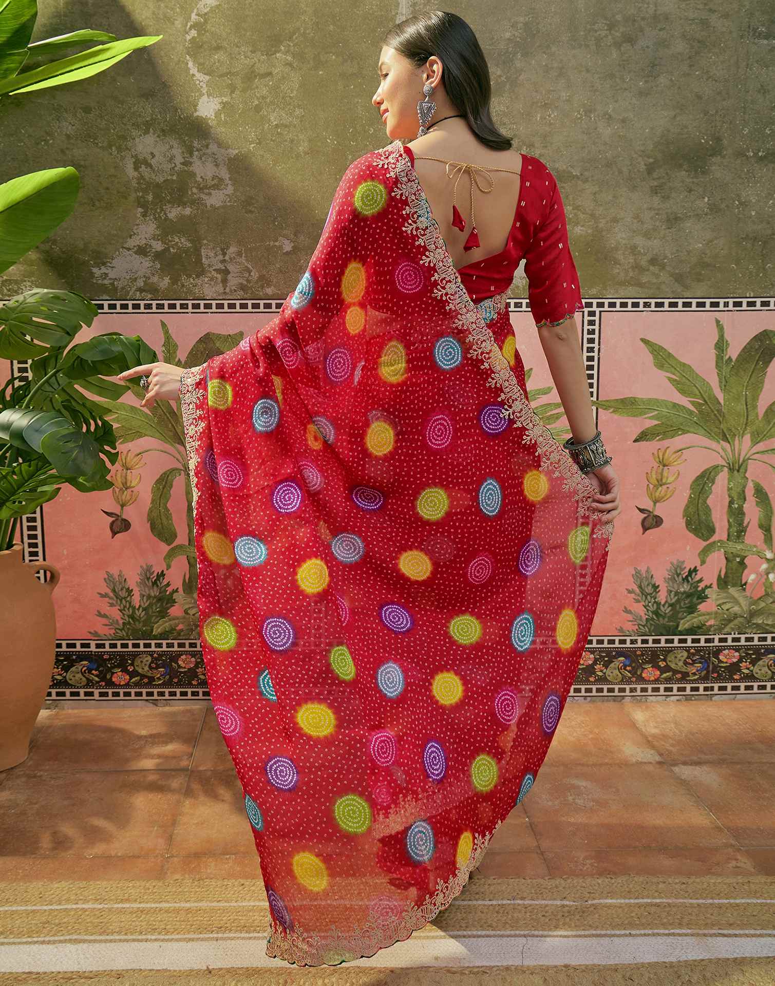 Red Chiffon Bandhani Printed Embroidery Saree - Image 7