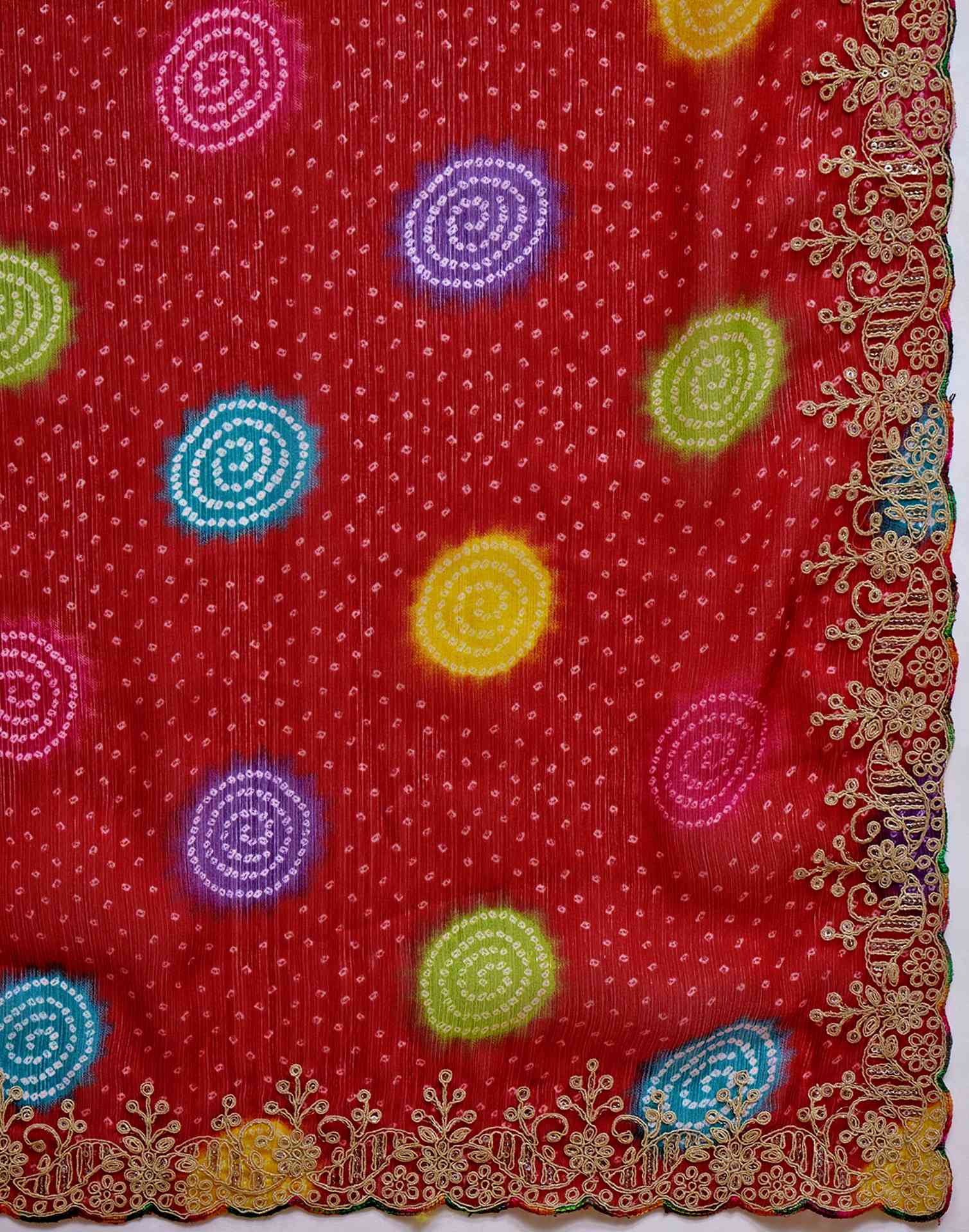 Red Chiffon Bandhani Printed Embroidery Saree - Image 9