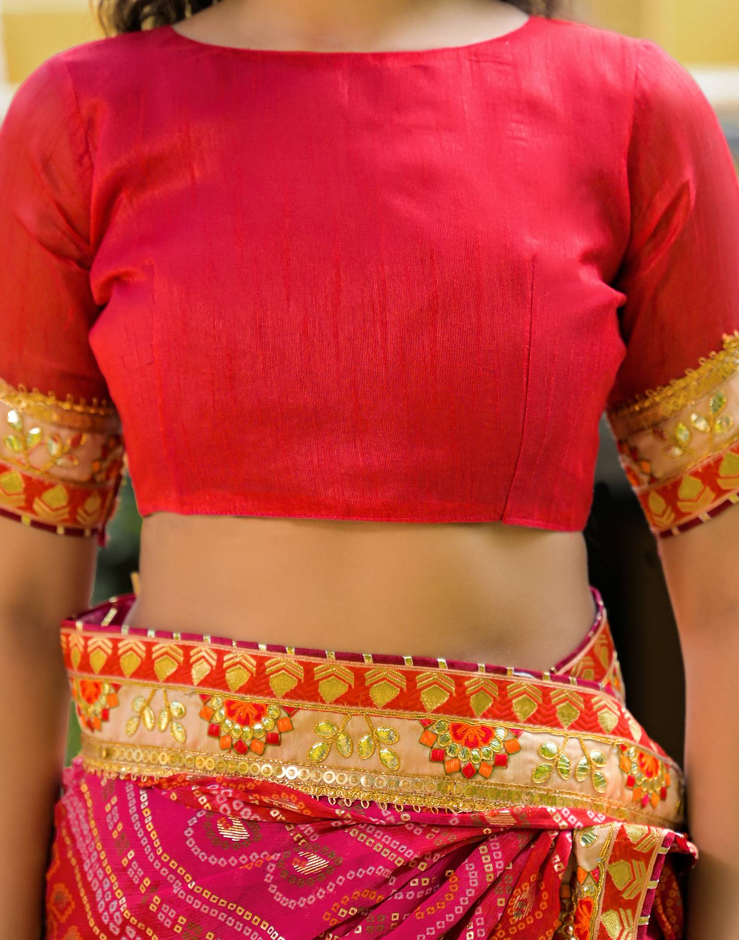 Red Chiffon Bandhani Printed Lace Saree - Image 10