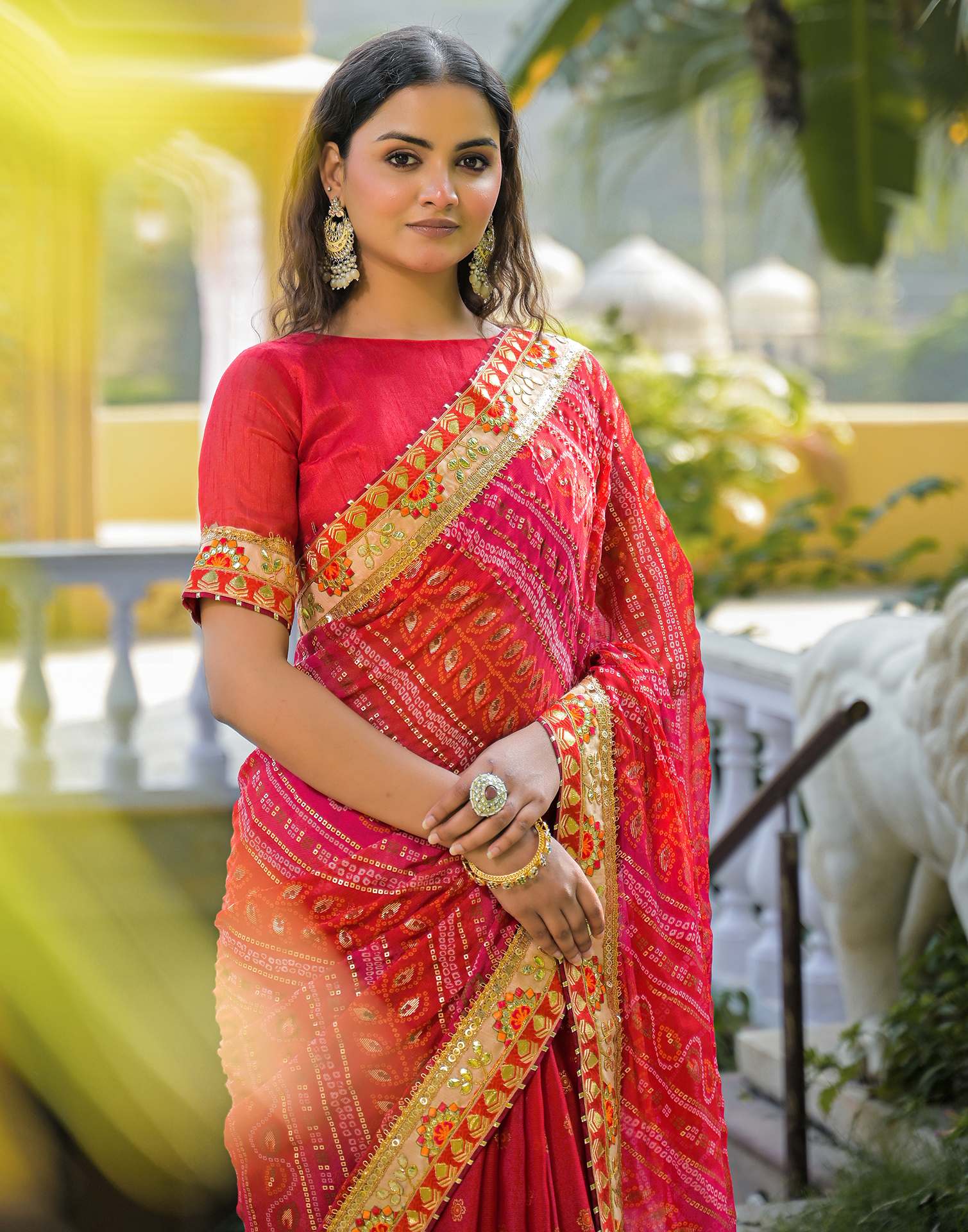 Red Chiffon Bandhani Printed Lace Saree - Image 2