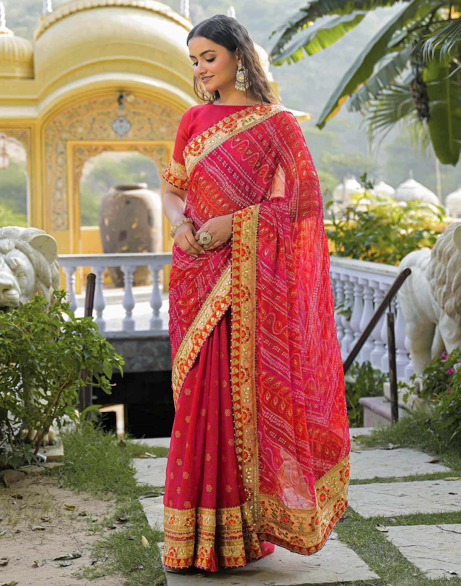 Red Chiffon Bandhani Printed Lace Saree - Image 4