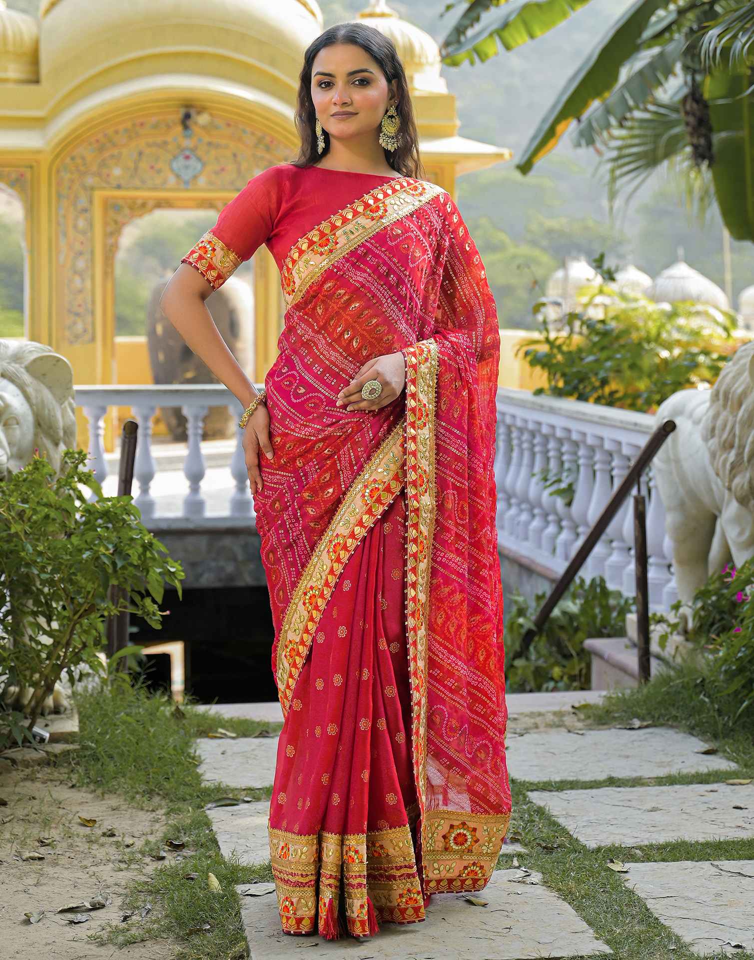Red Chiffon Bandhani Printed Lace Saree - Image 5