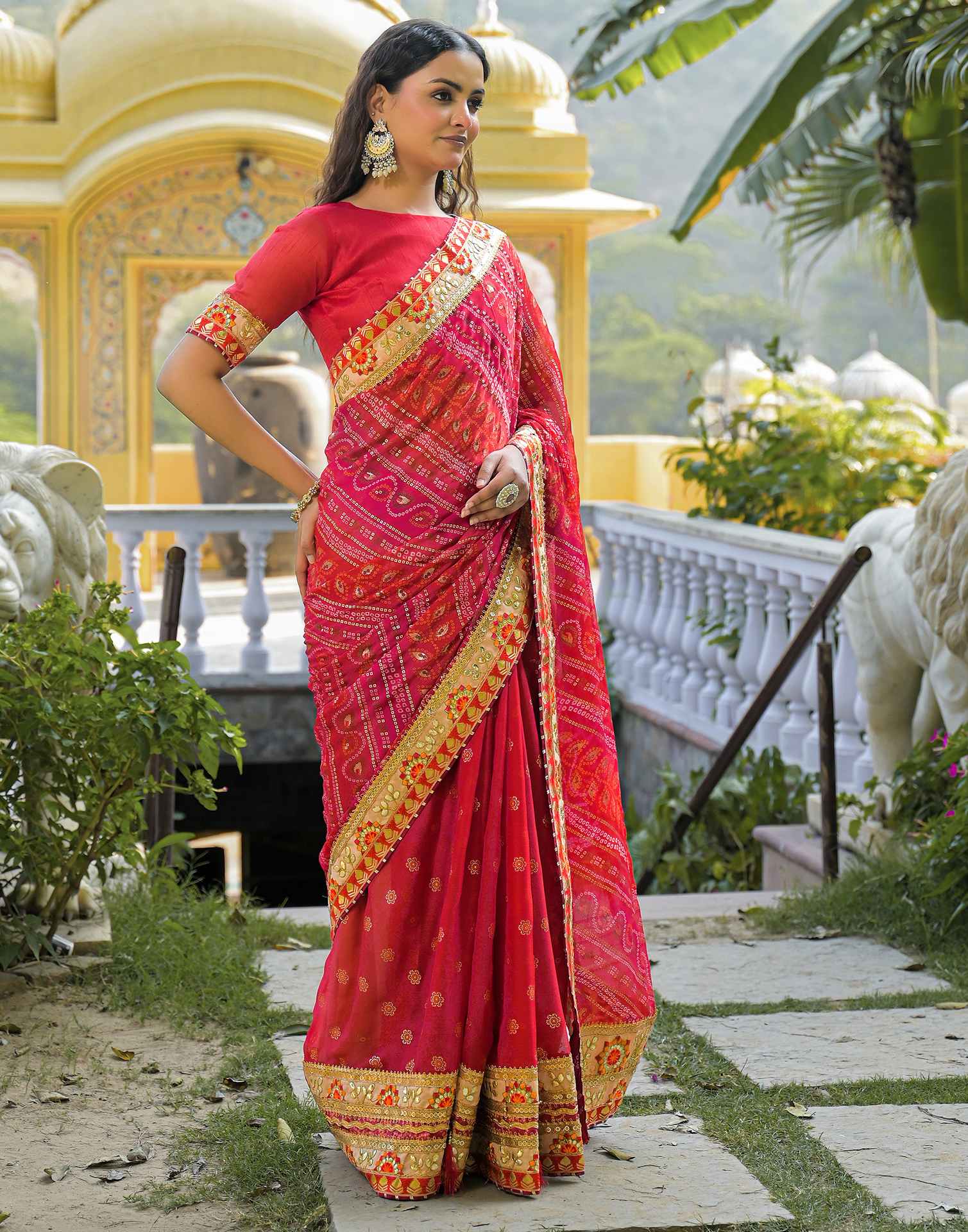 Red Chiffon Bandhani Printed Lace Saree - Image 7