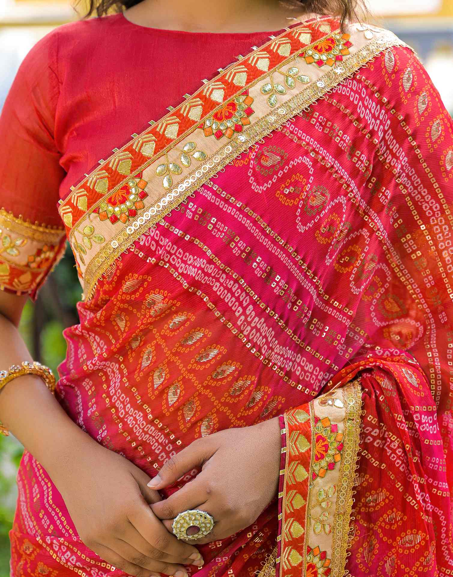 Red Chiffon Bandhani Printed Lace Saree - Image 9
