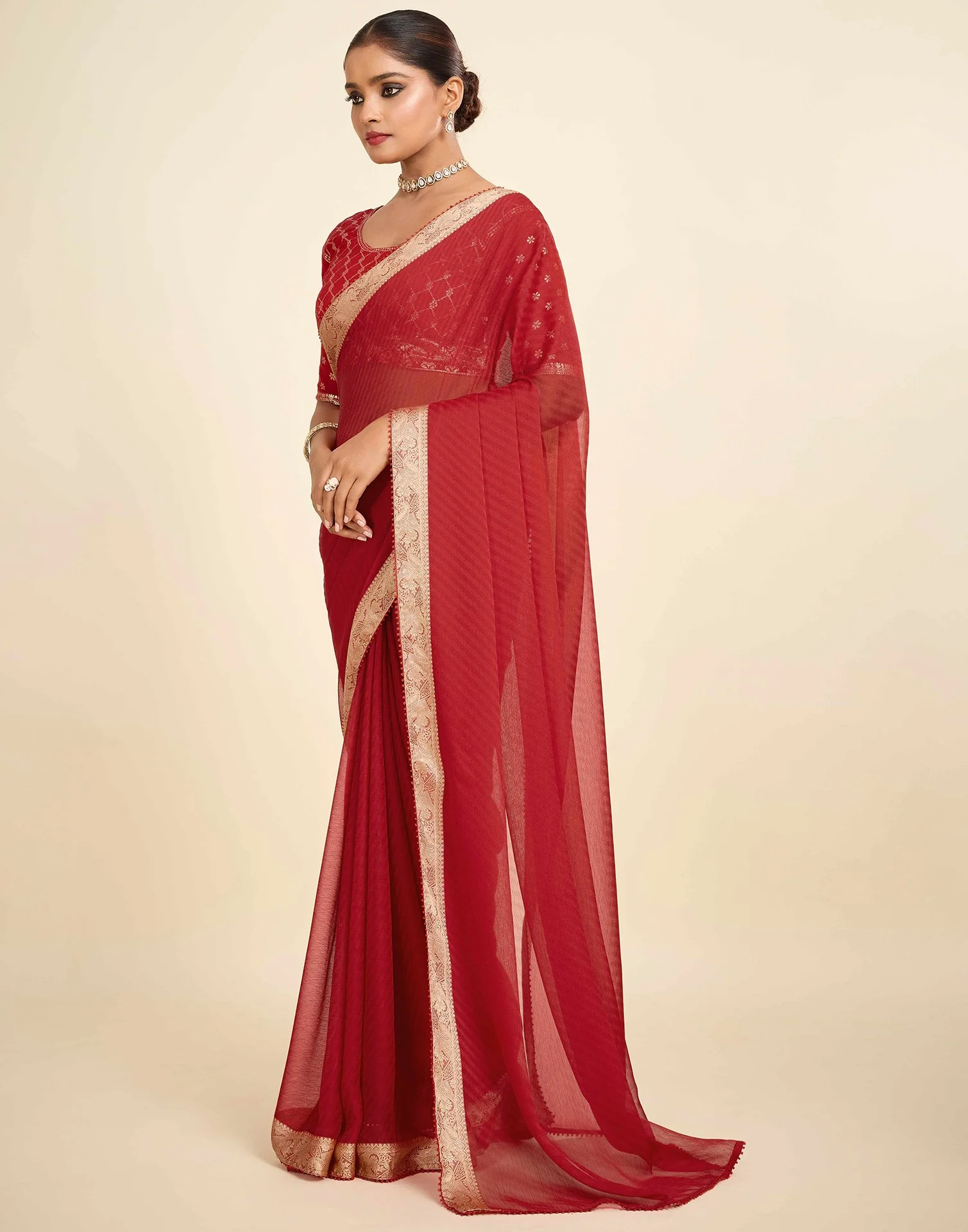 Red Chiffon Lace Saree - Image 4