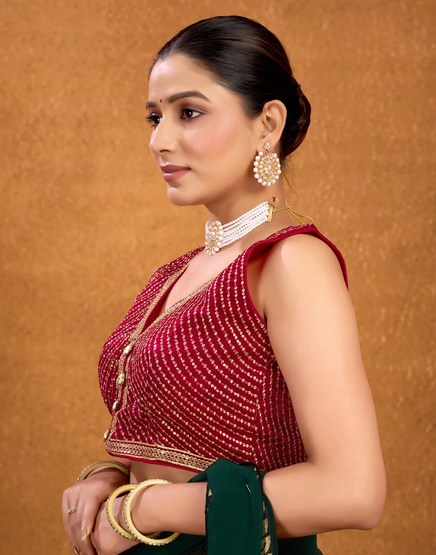 Red Chiffon Plain Embroidery Blouse - Image 4